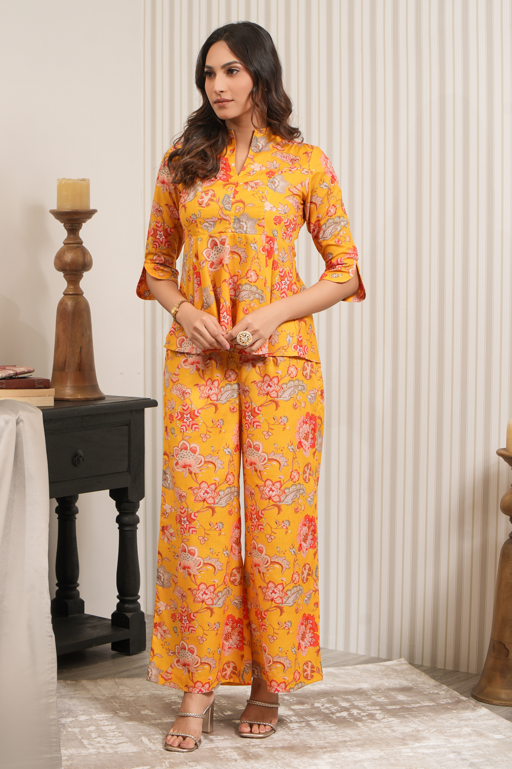 Printed Floral Silk Chanderi Co-ord Set - Yellow