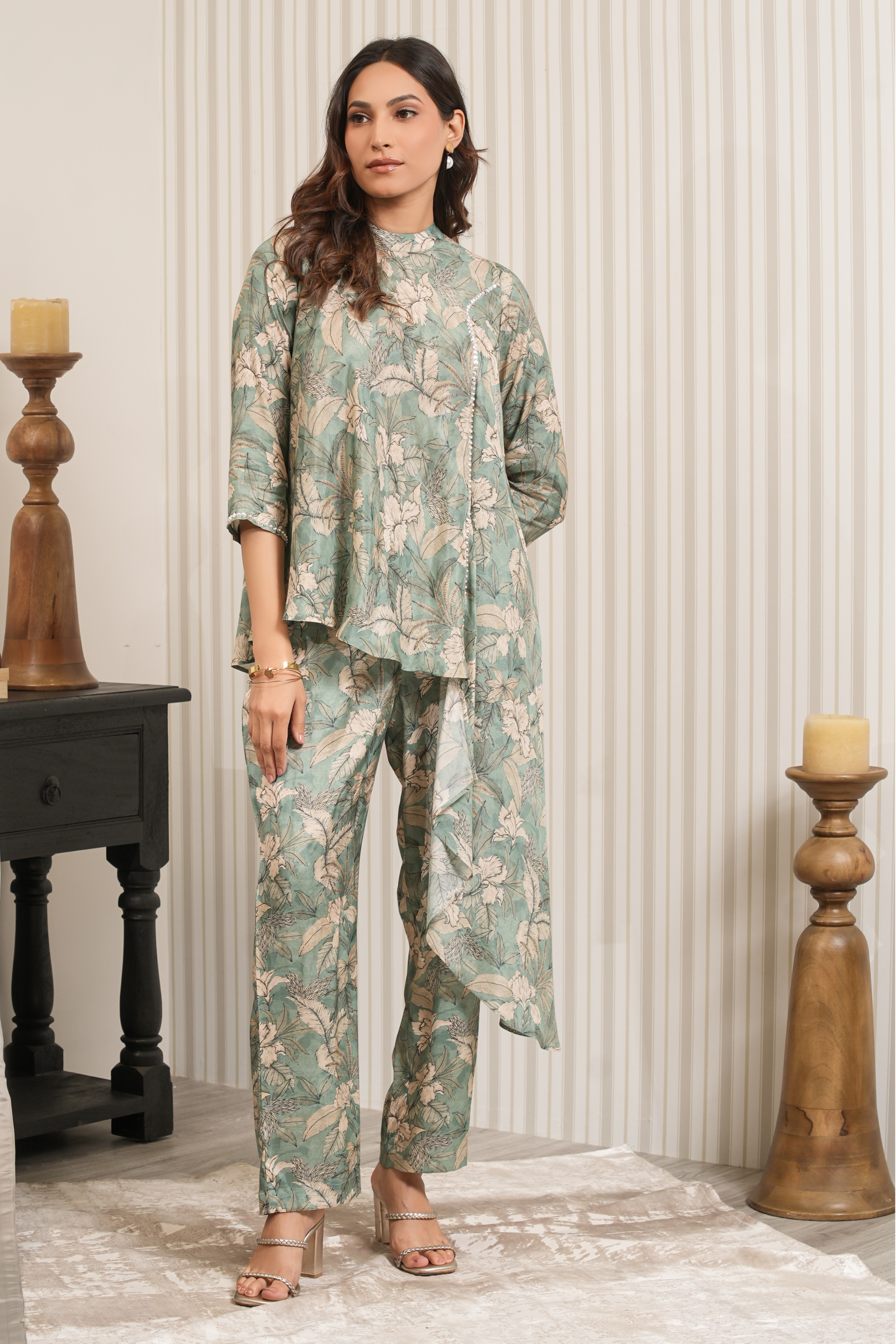 Printed Floral Chiffon Co-ord Set - Green