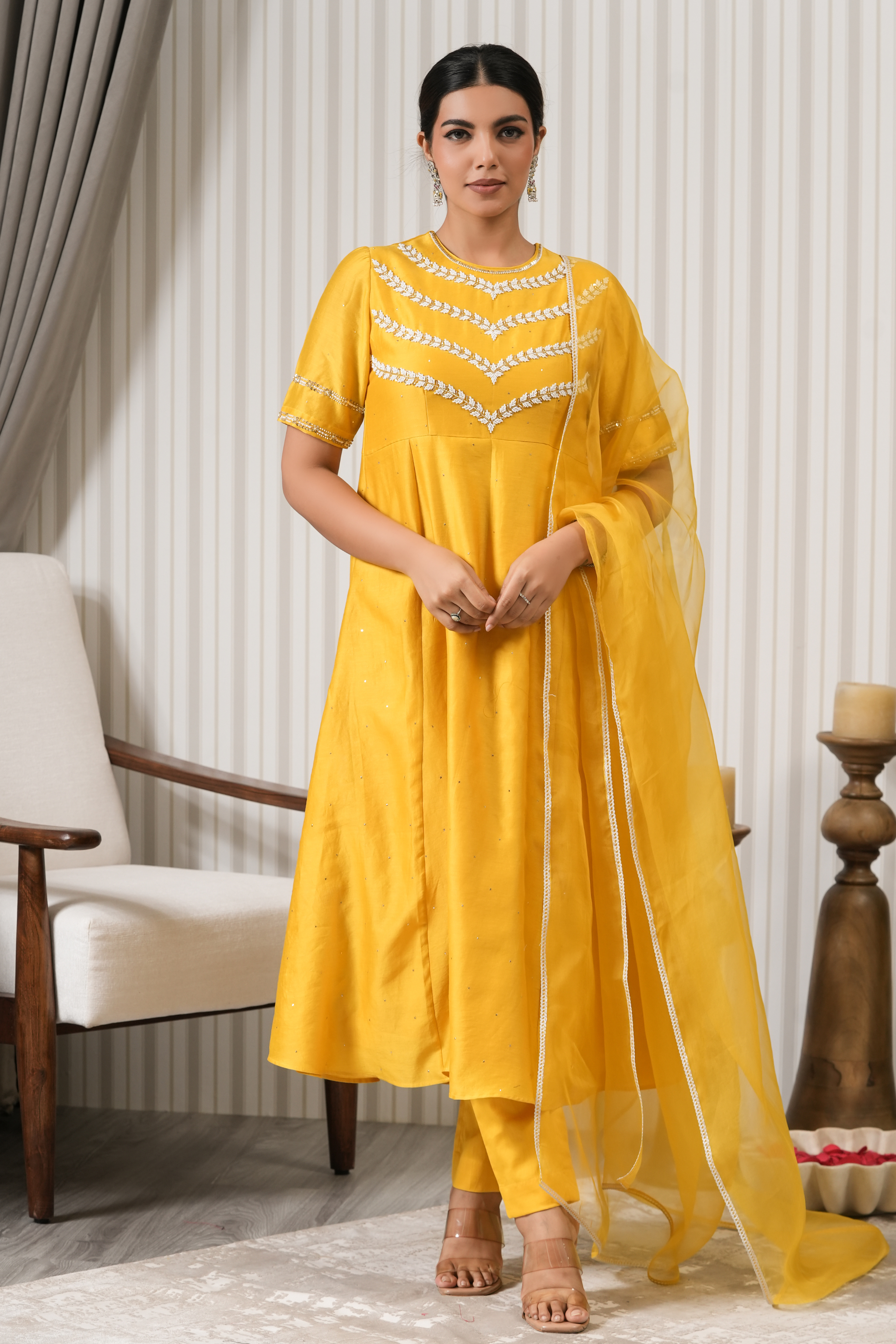 Embroidered Pure Mukaish Chanderi A-line Suit Set - Yellow