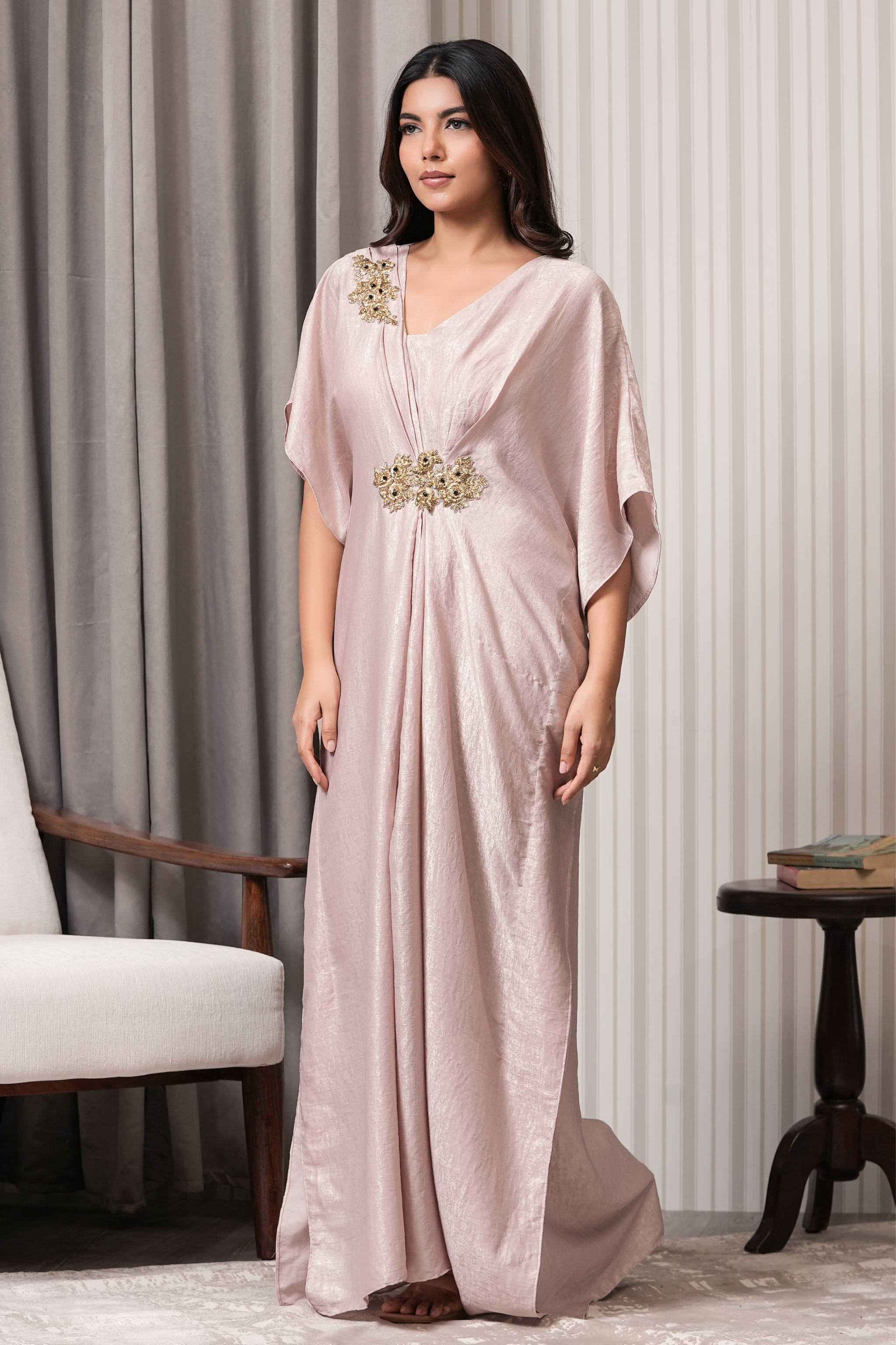 Embroidered Shimmer Kaftan - Golden