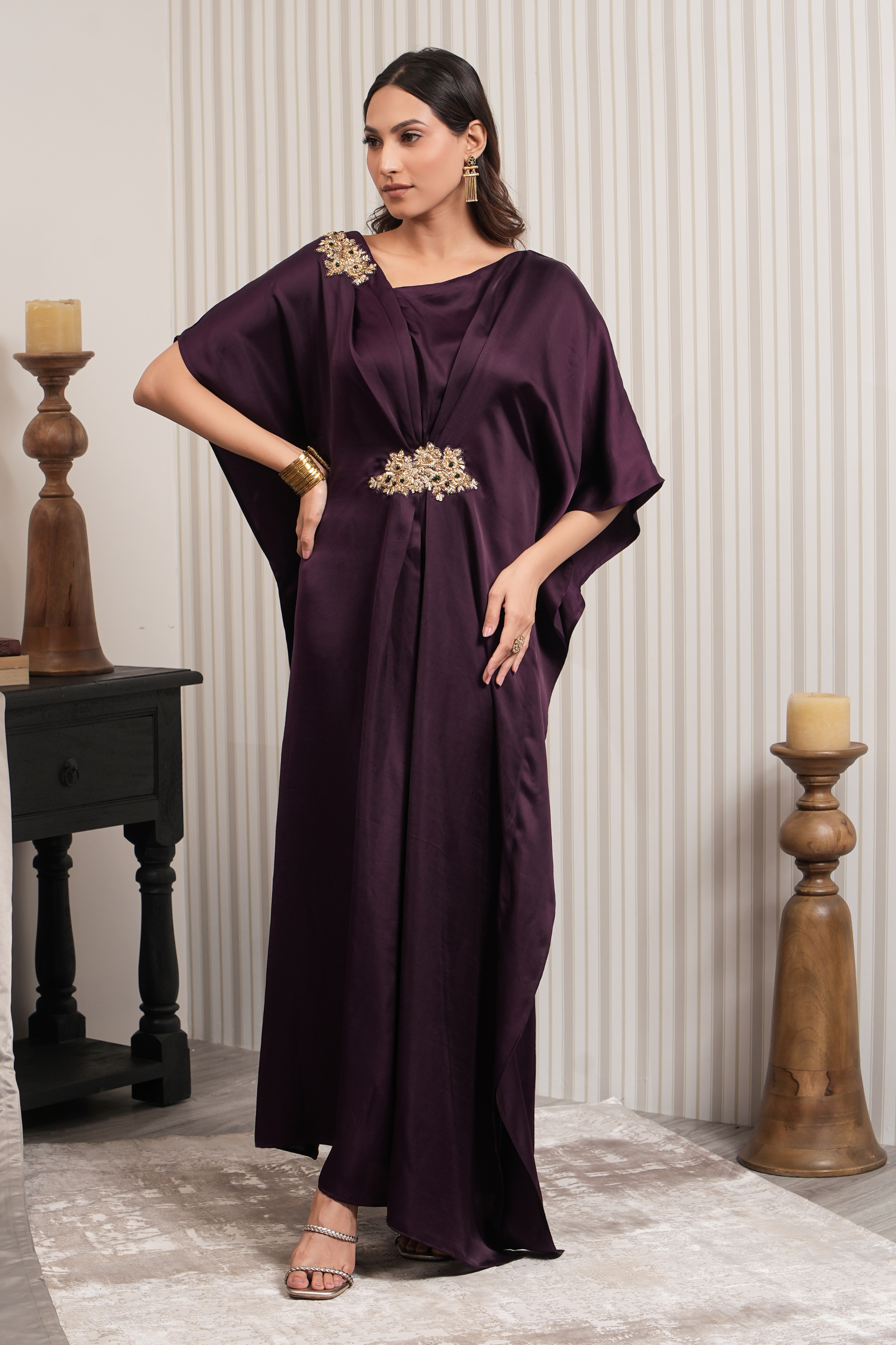 Embroidered Slub Satin Kaftan - Wine