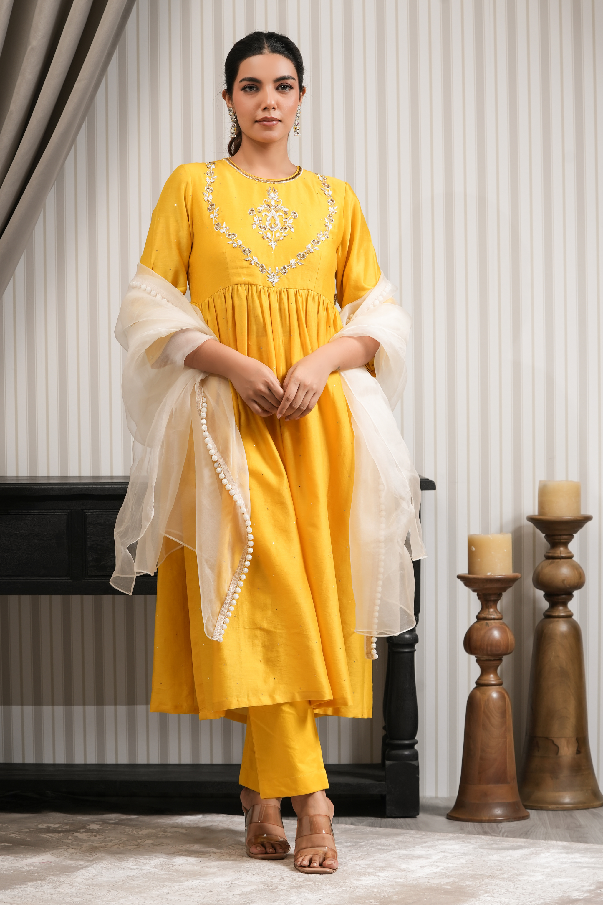 Embroidered Pure Chanderi High Slit Suit Set - Yellow