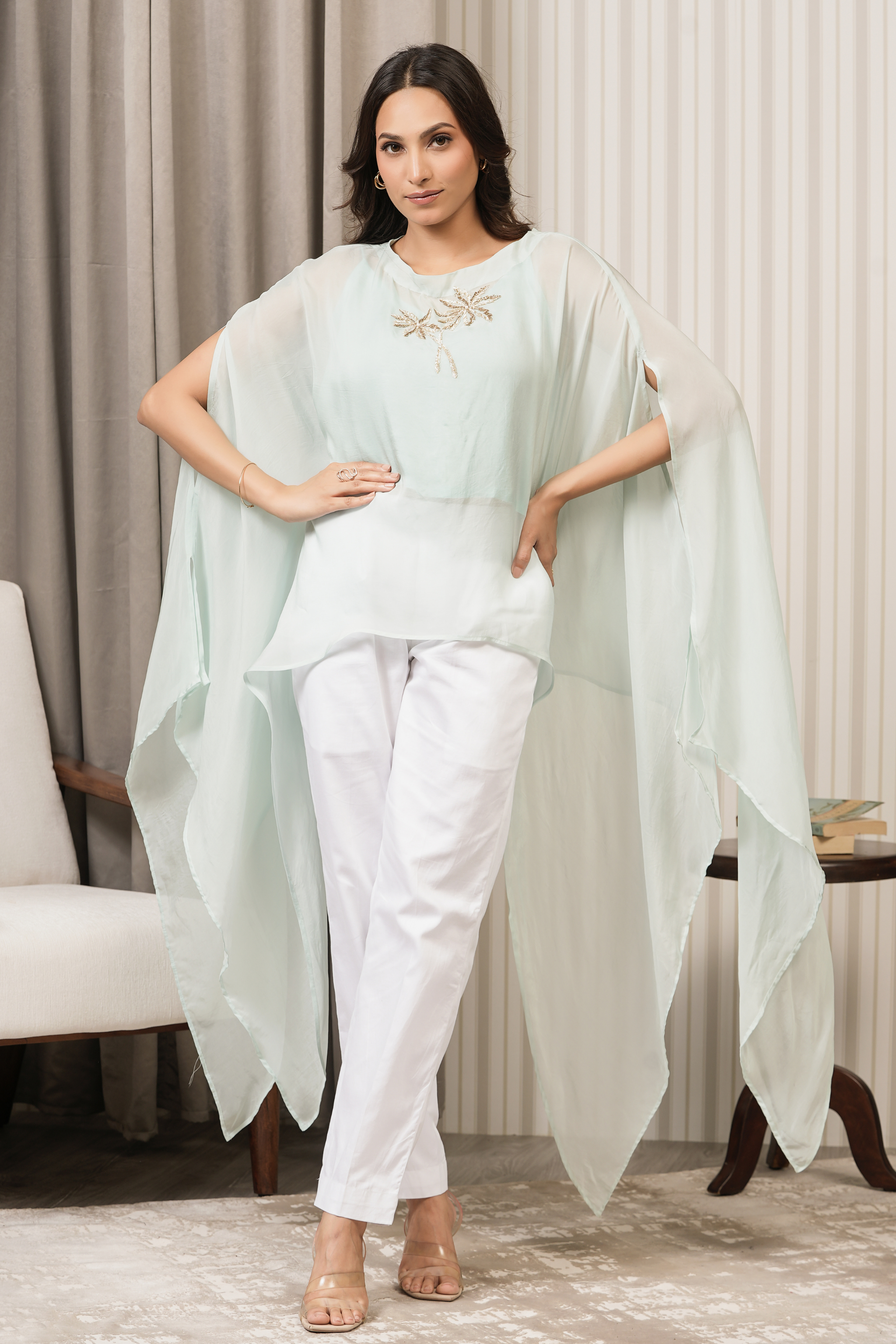 Handcrafted Viscose Organza Cape Kurta - Mint