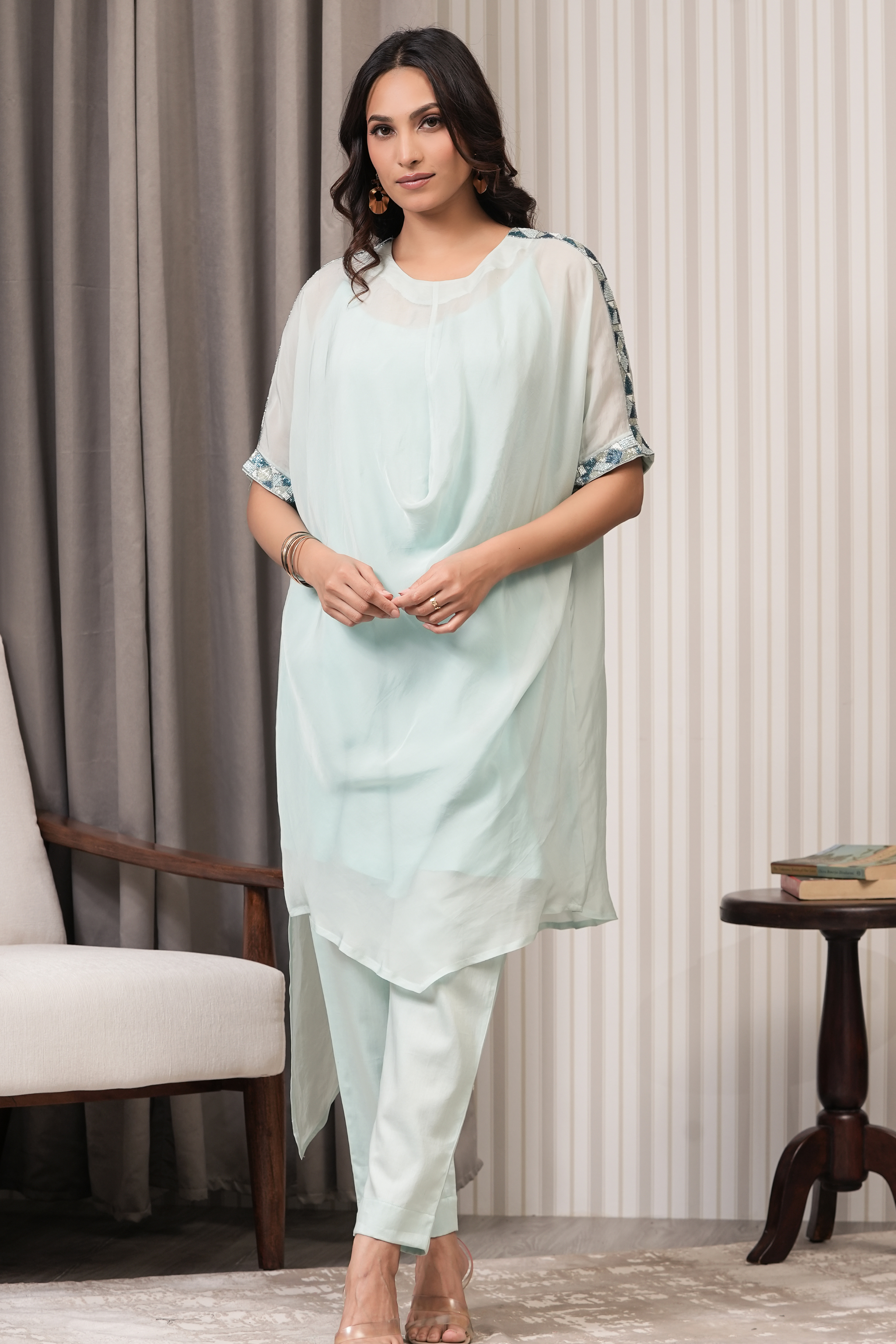 Embroidered Viscose Organza Kurta - Mint