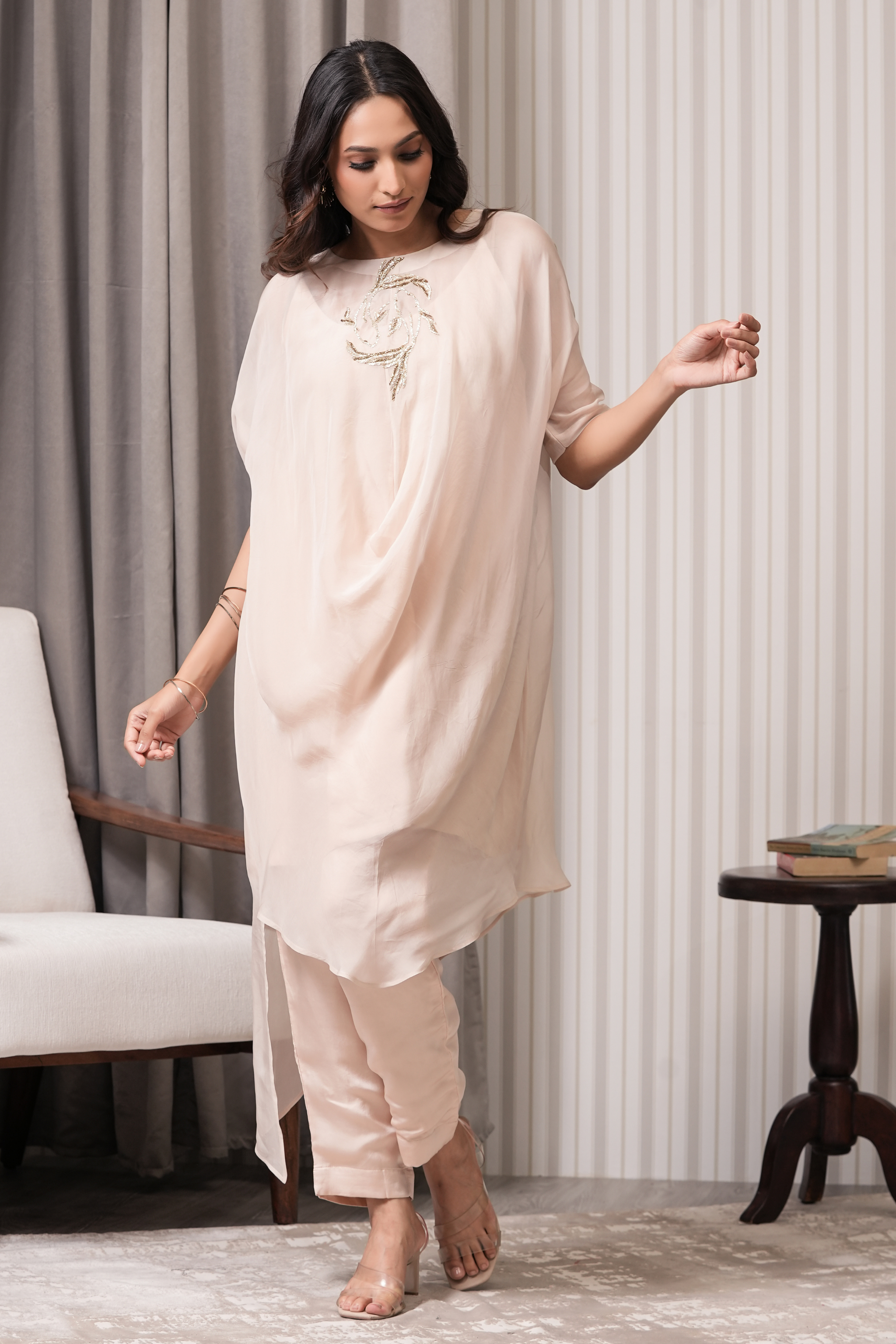 Handcrafted Viscose Organza Kurta - Nude