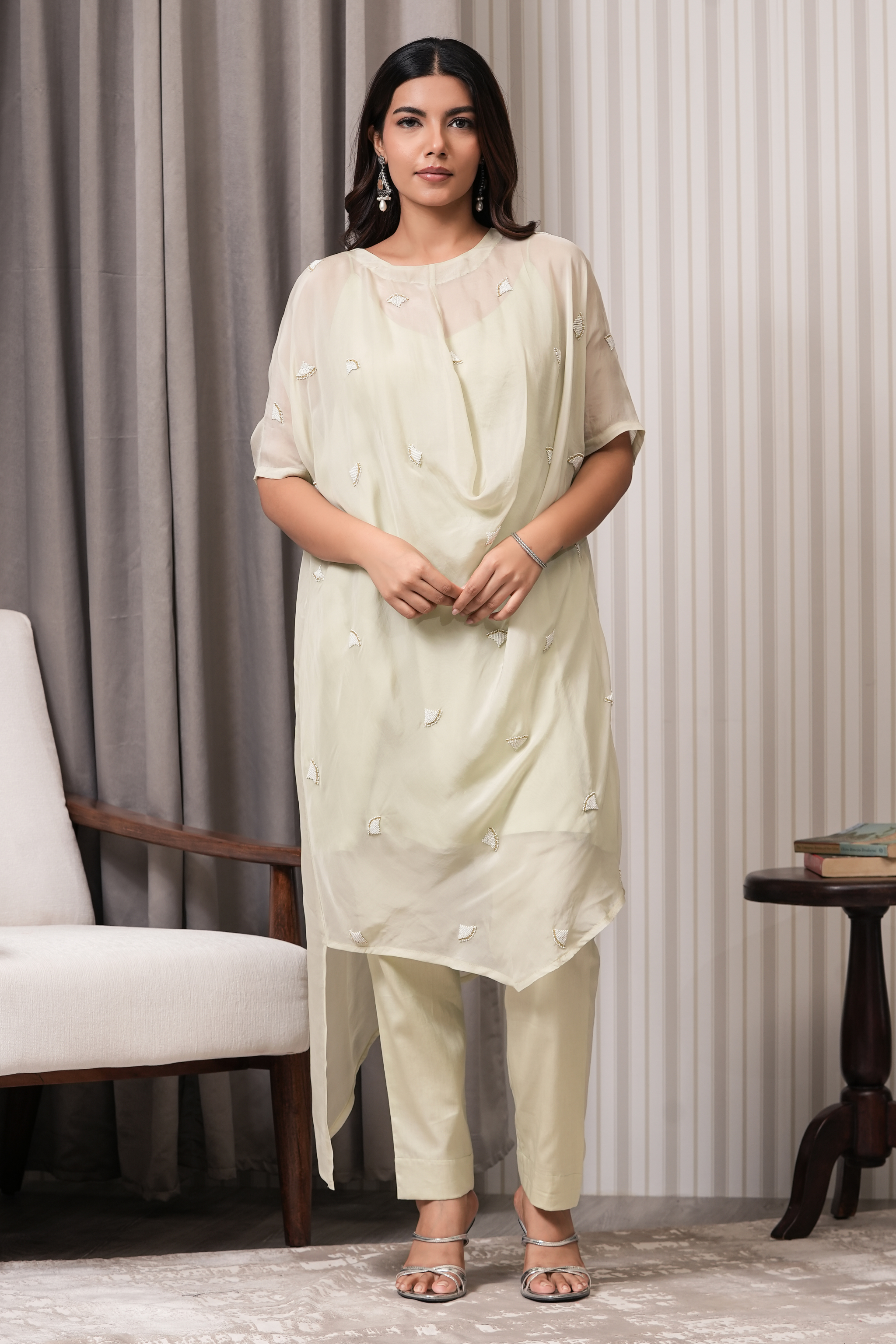 Embroidered Viscose Organza Kurta - Sea Green