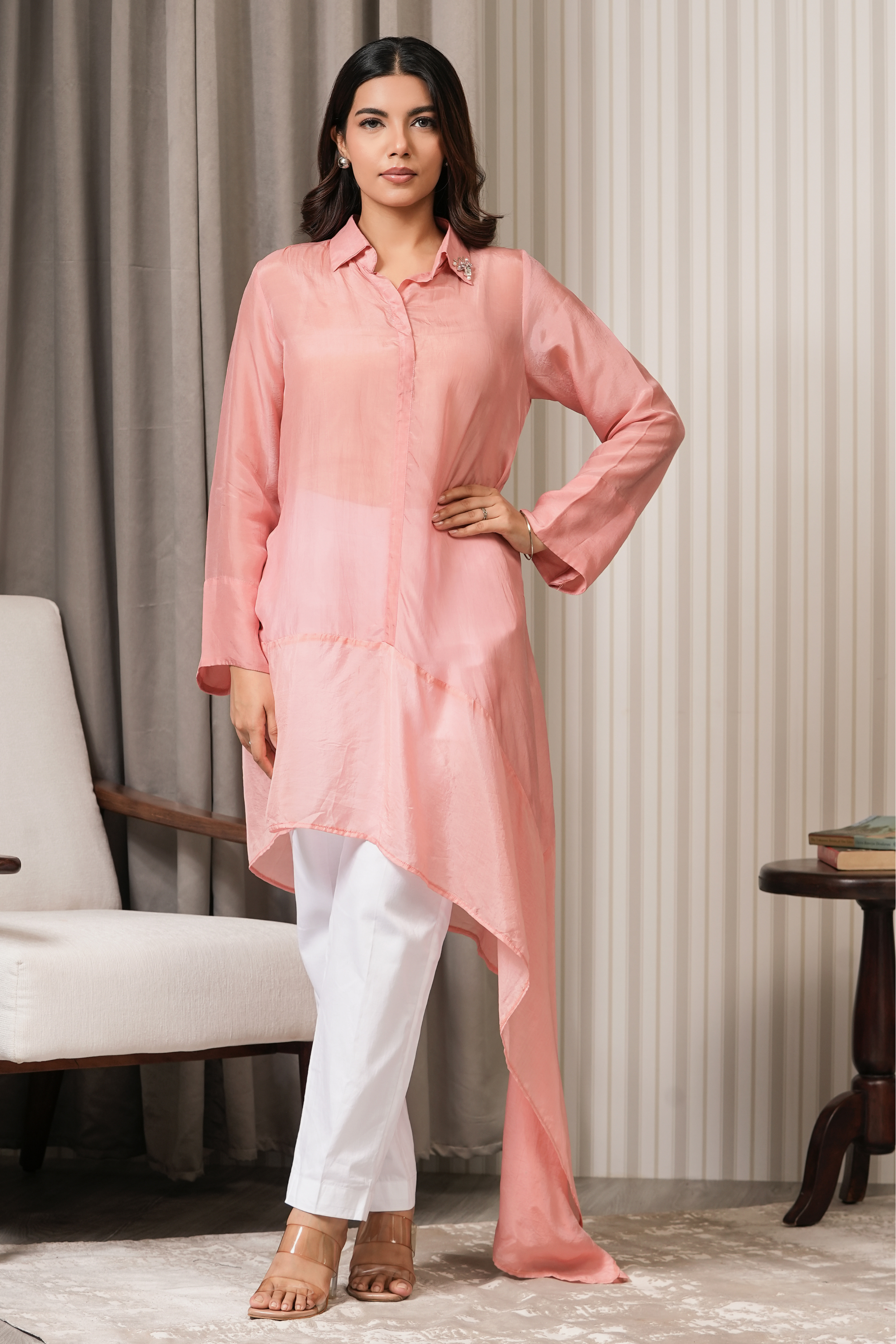 Embroidered Fine Habutai Silk Shirt Top - Onion Pink