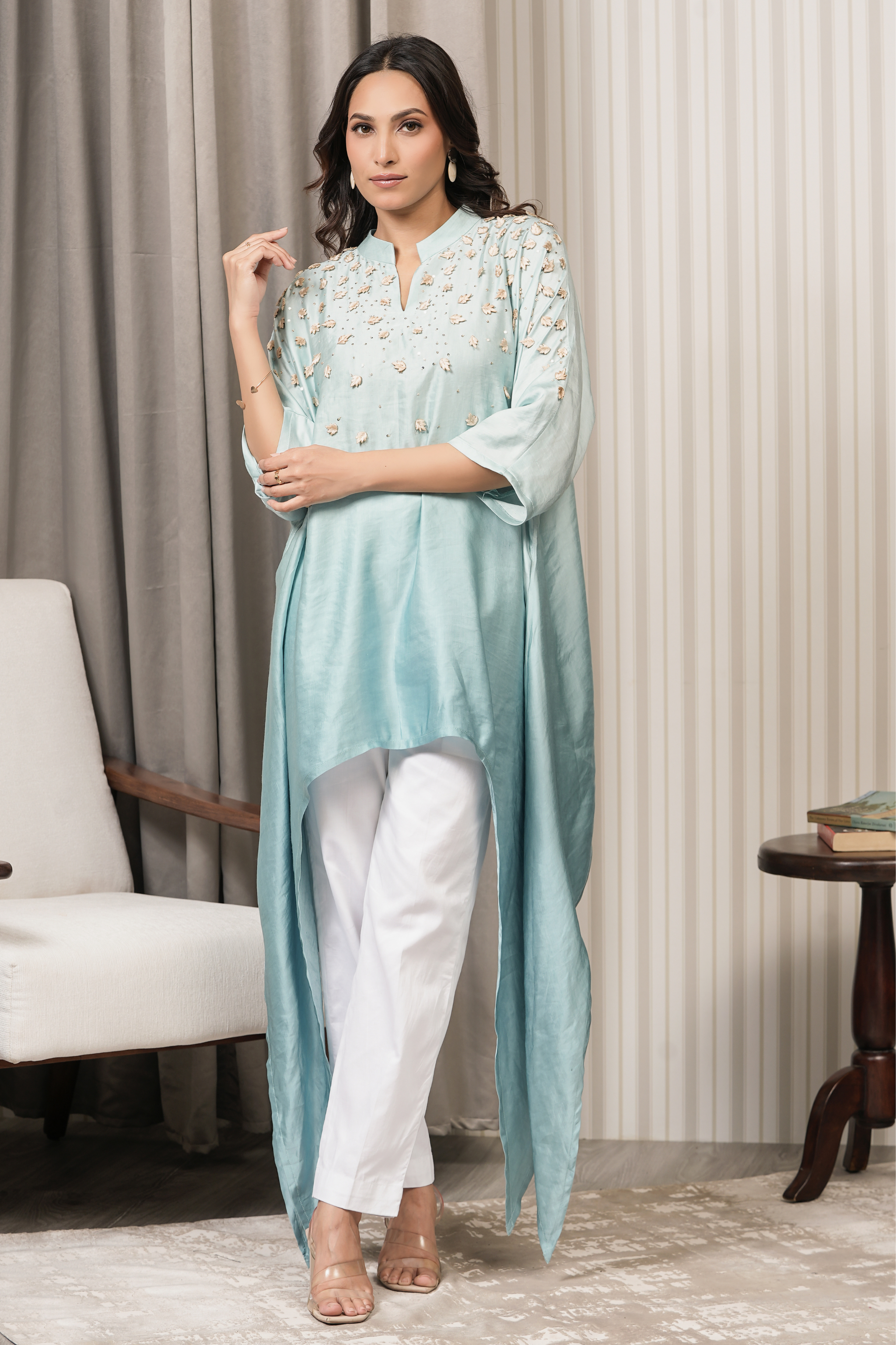 Embroidered Linen Satin Top - Aqua