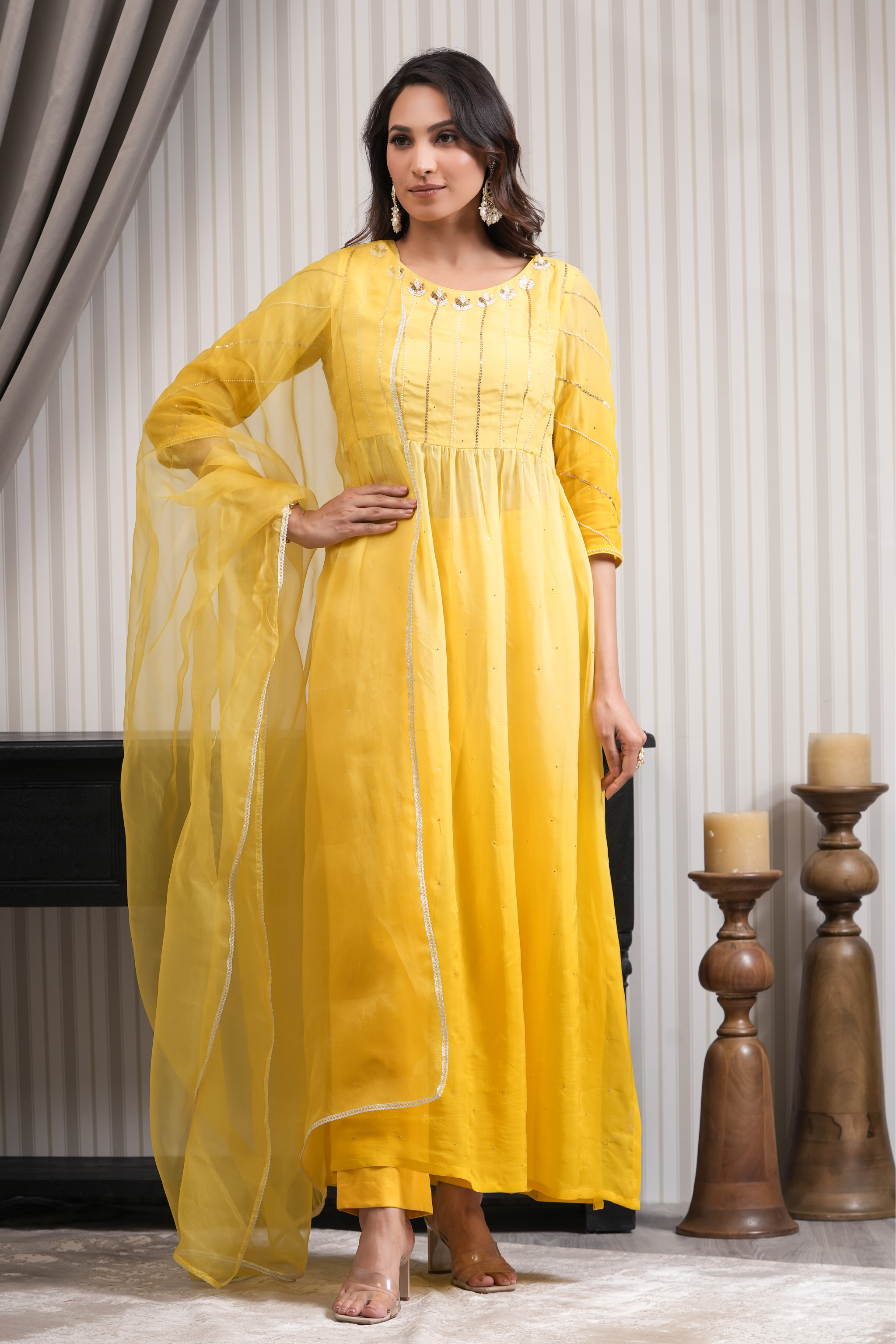 Handcrafted High Slit Suit Set - Yellow