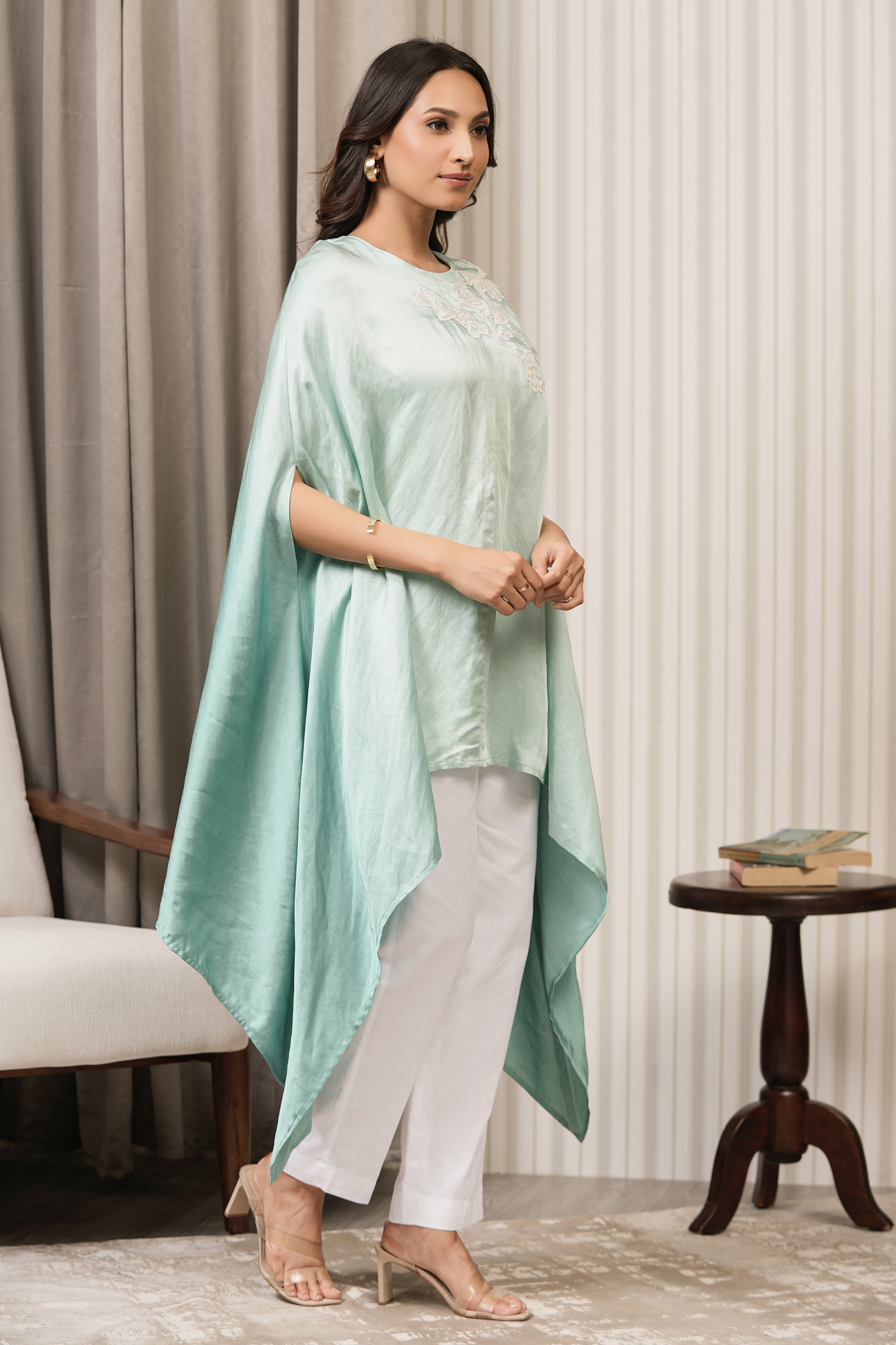 Embroidered Linen Satin Top - Sea Green