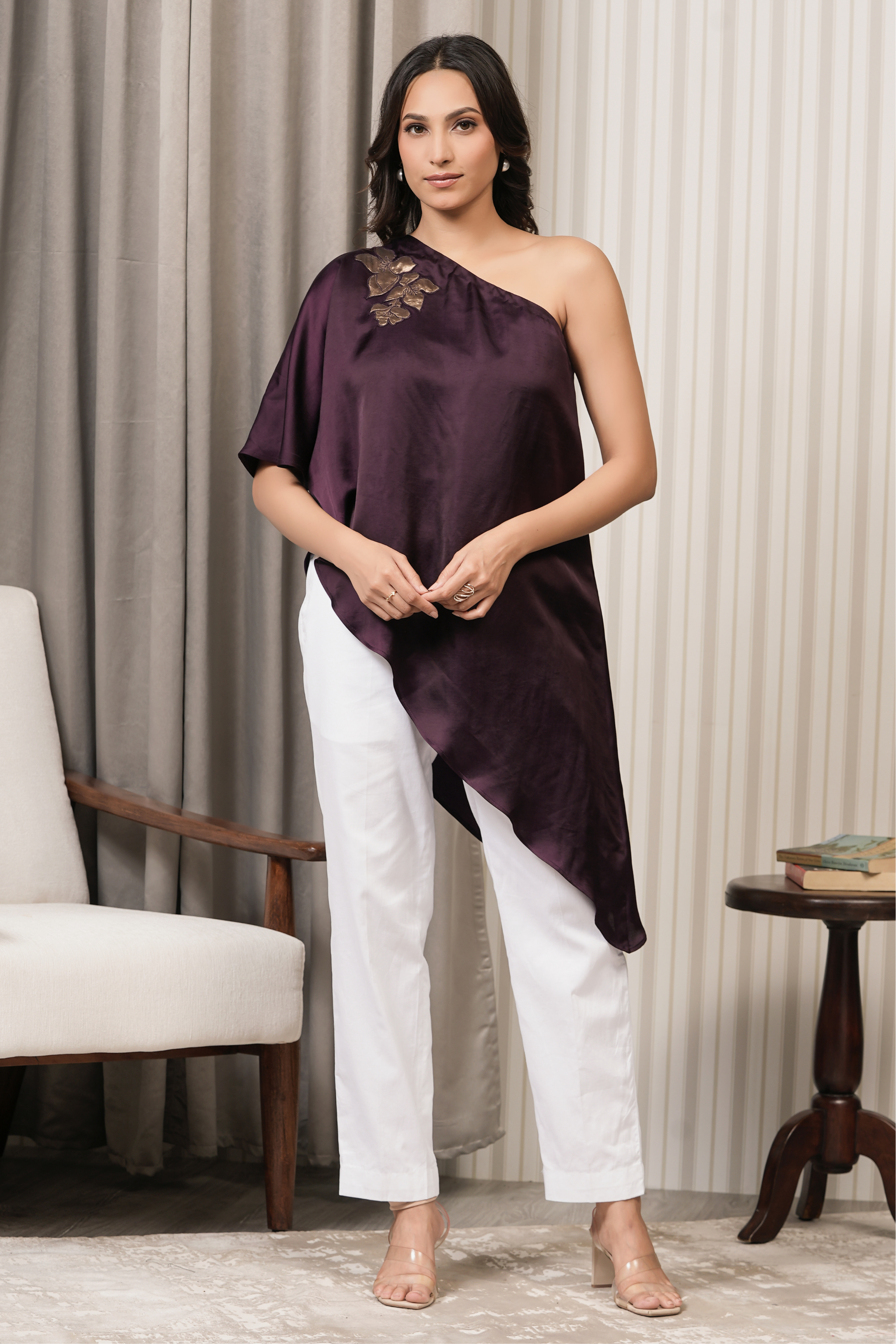 Embroidered Slub Satin One Shoulder Top - Wine