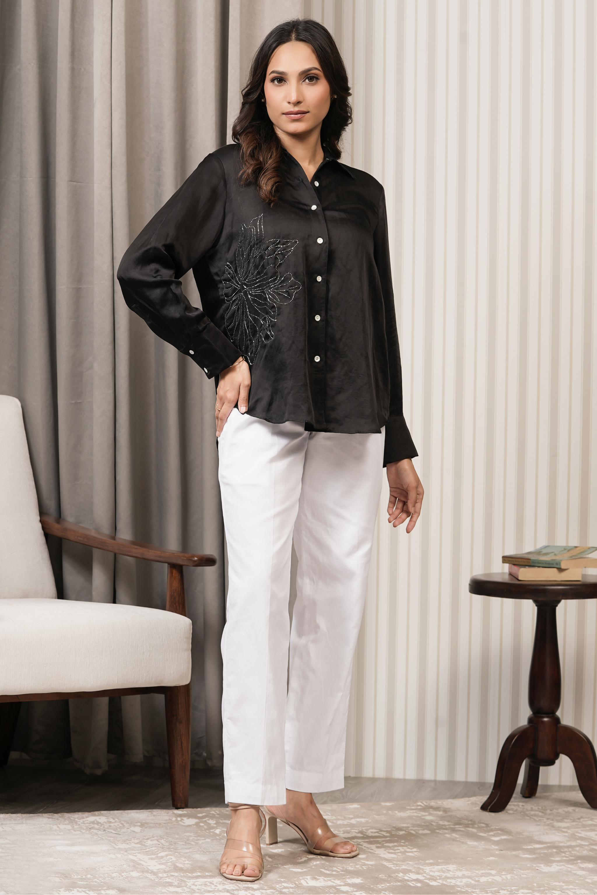 Embroidered Linen Satin Shirt - Black