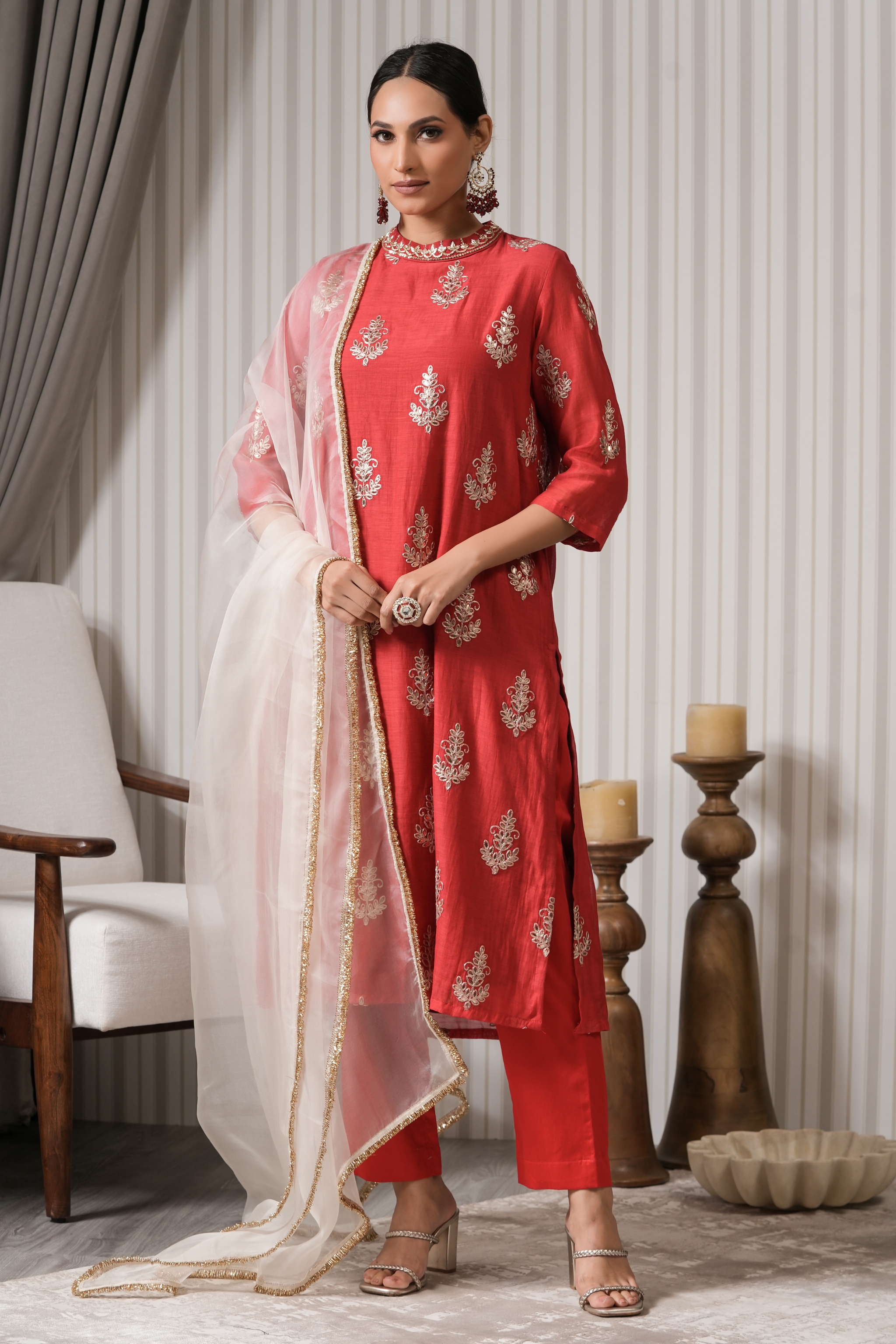 Embroidered Chanderi Straight Kurti Suit Set - Red