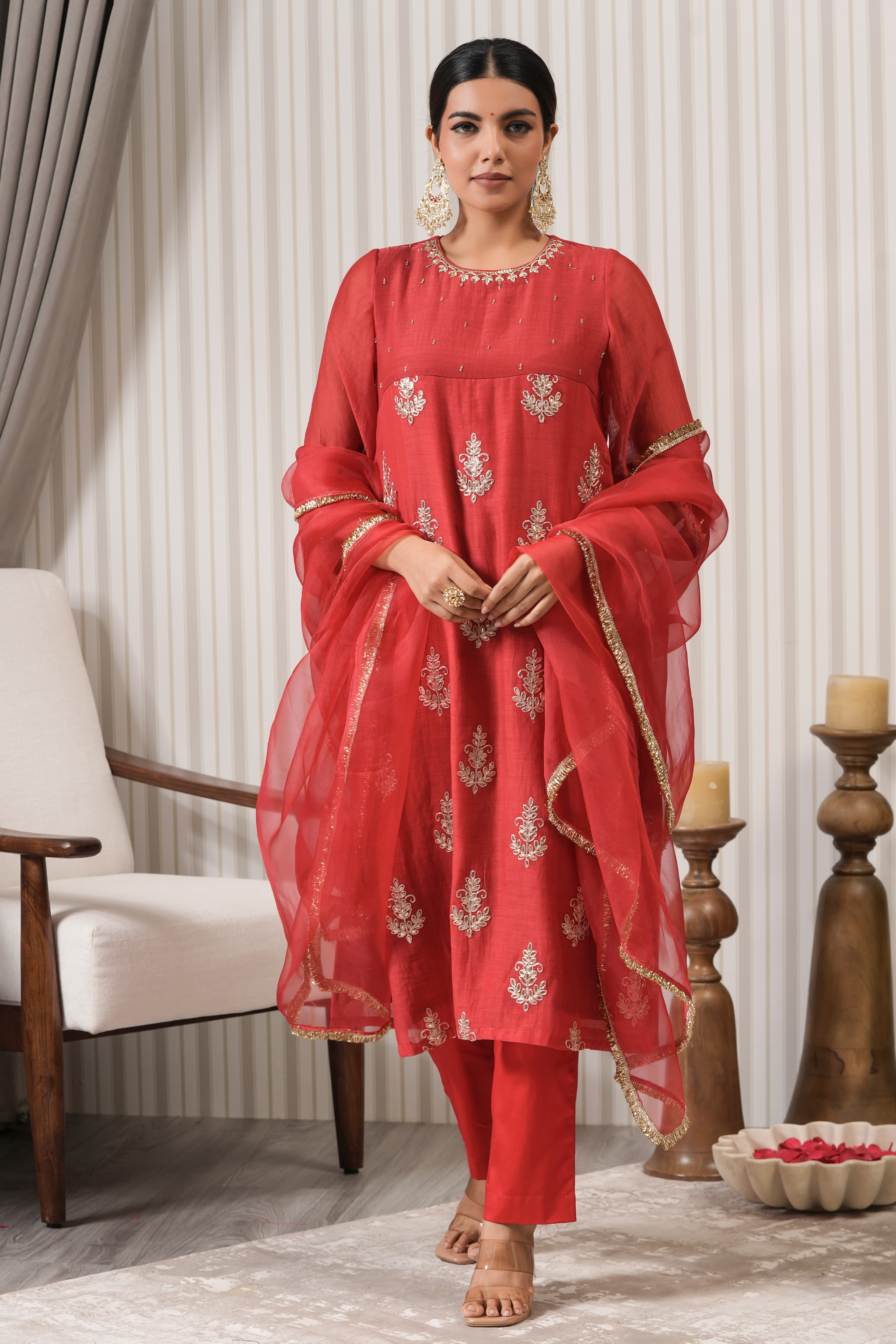 Embroidered Chanderi Suit Set - Red