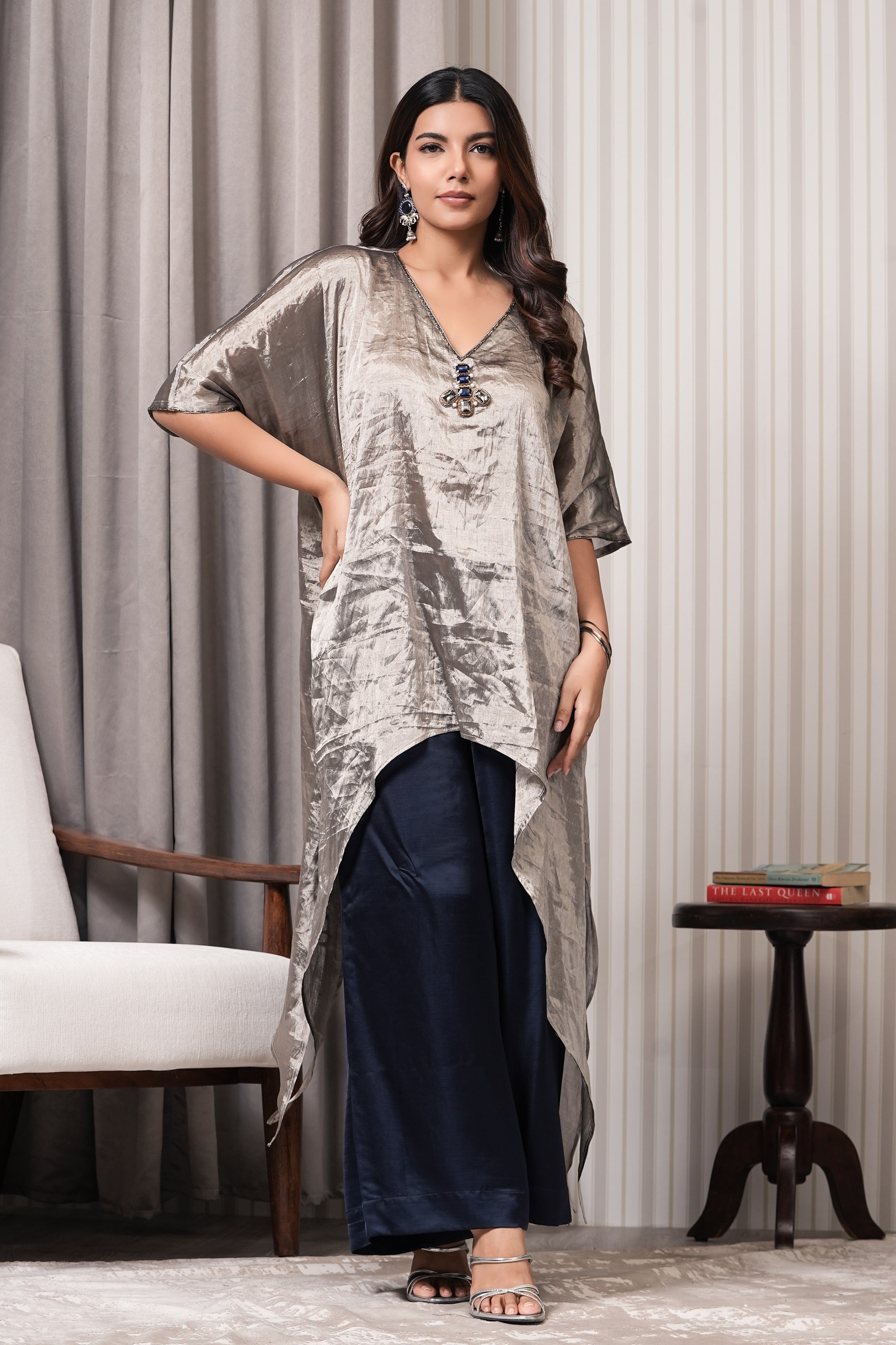 Stone Embroidered Pure Silk Tissue Asymmetric Kurta Set - Silver