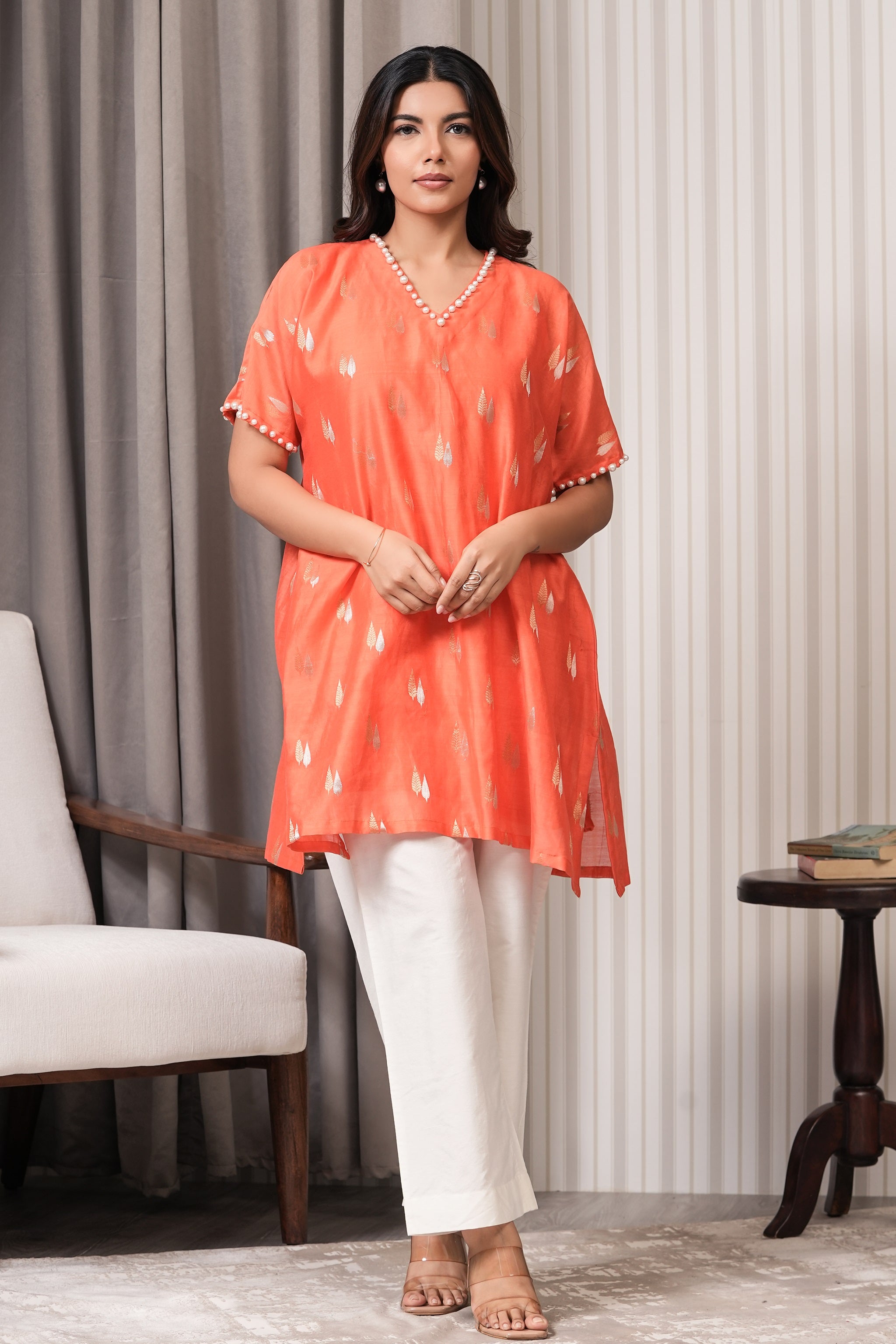 Pearl Embroidered Pure Chanderi Kurta Set - Orange