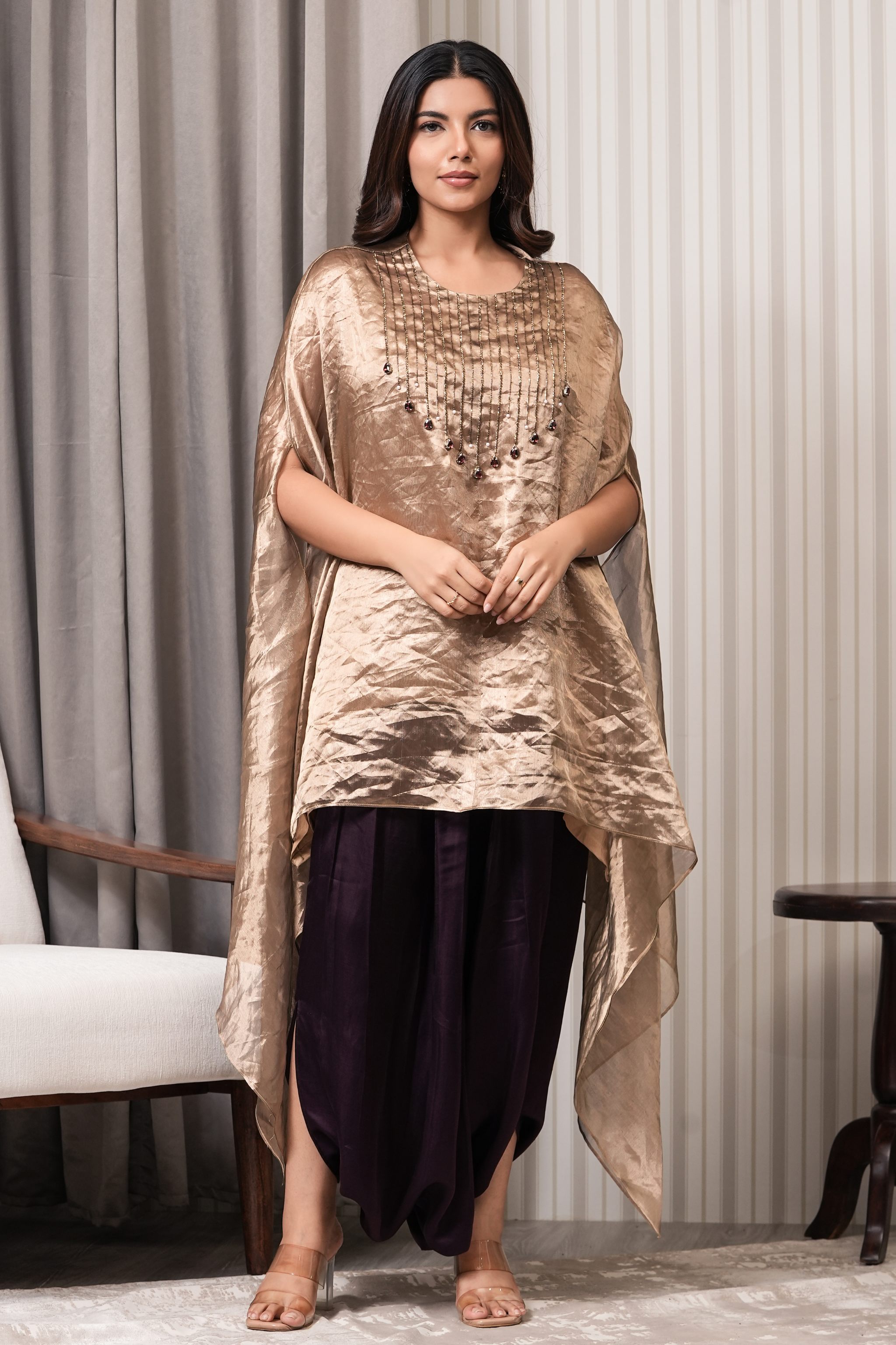 Stone Embroidered Pure Silk Tissue Asymmetric Kurta Set - Copper