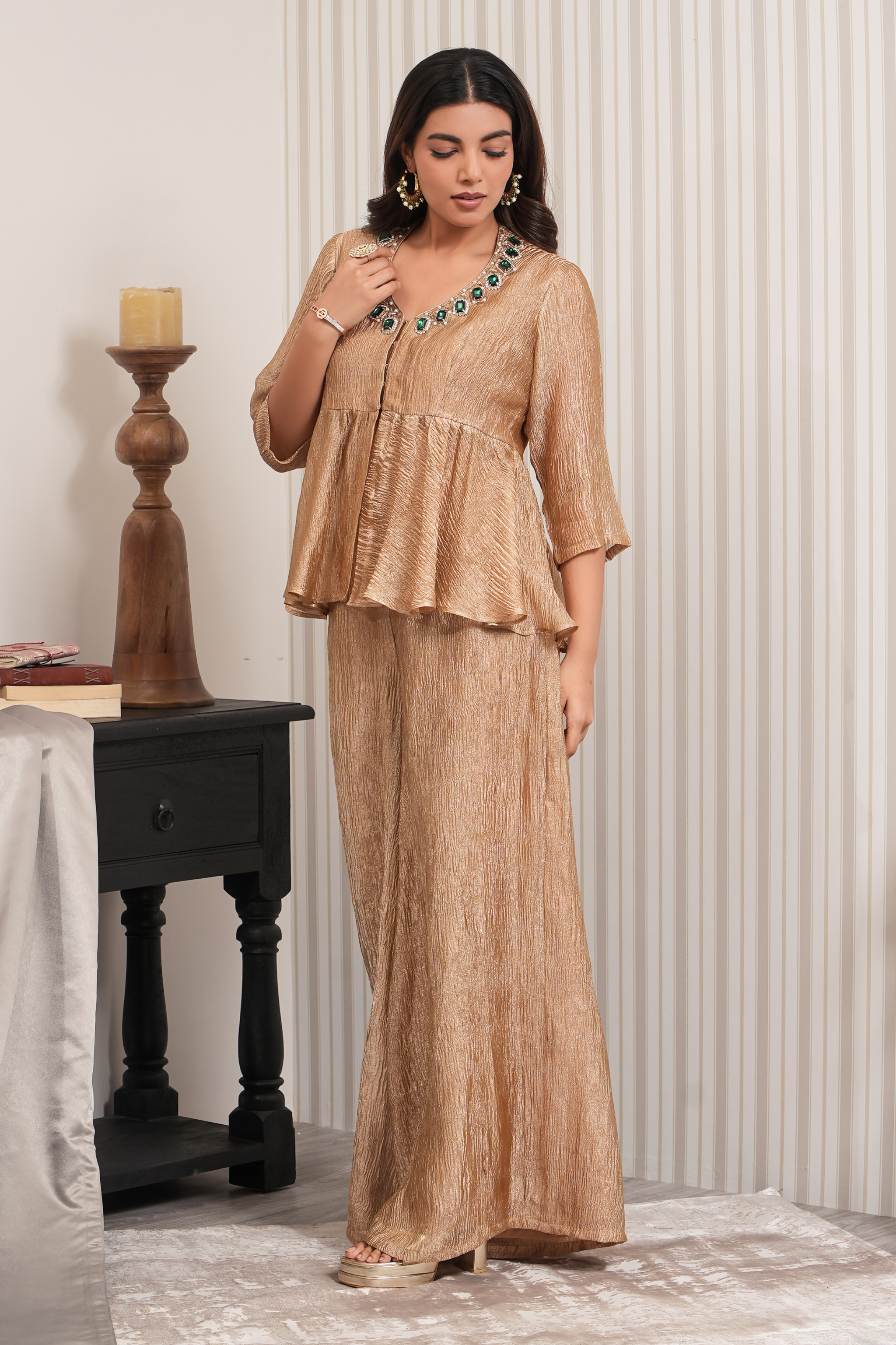 Stone Embroidered Crushed Tissue Short Kurti Sharara Set - Copper