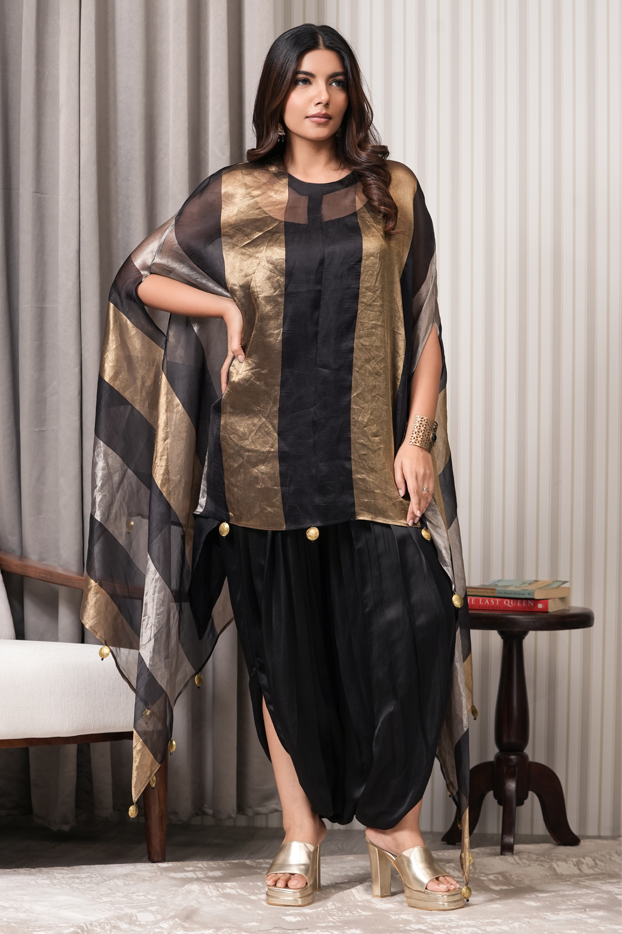 Pure Silk Tissue Kurta Set with Golden Tassels- Black Copper