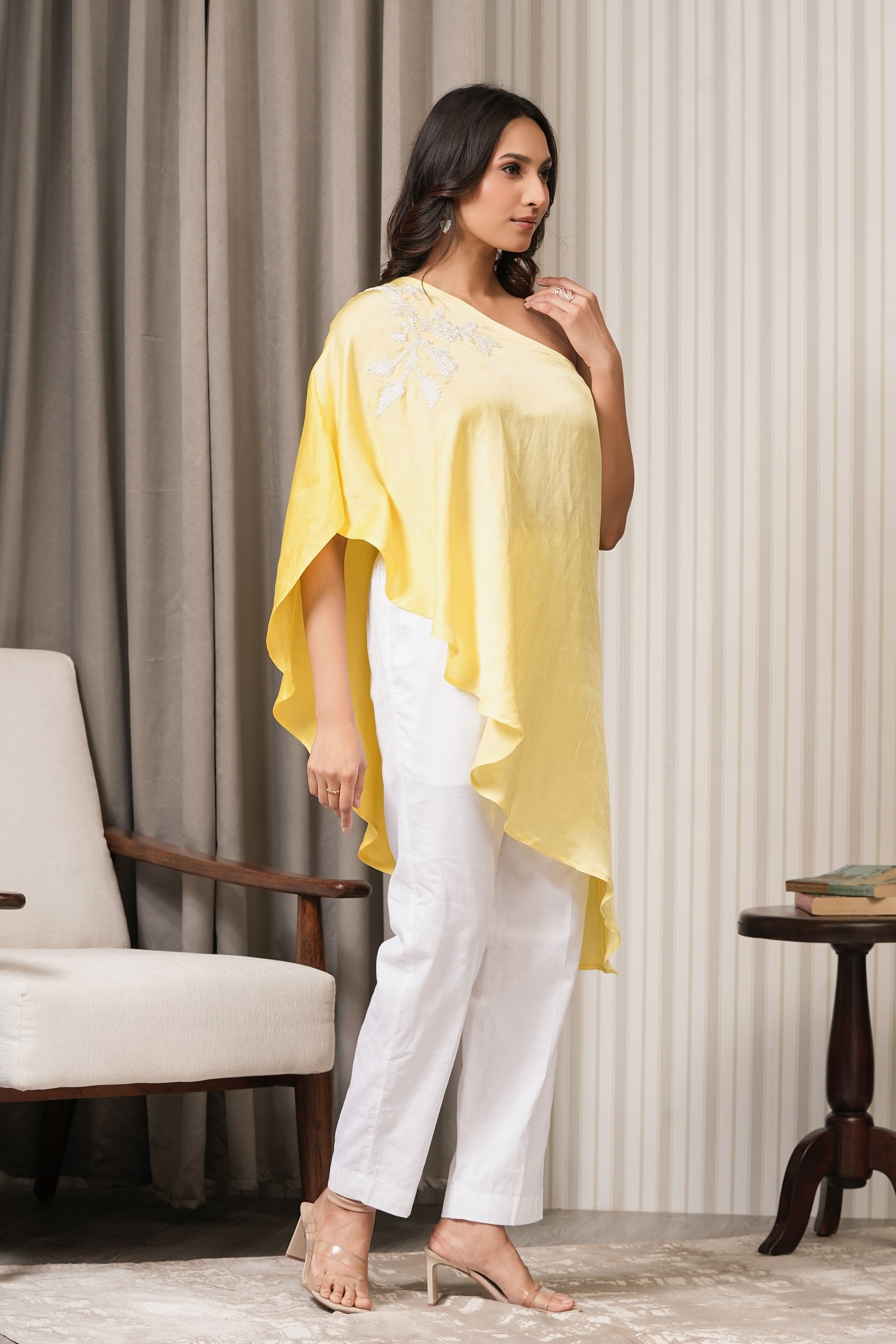 Embroidered Linen Satin One Shoulder Top - Yellow