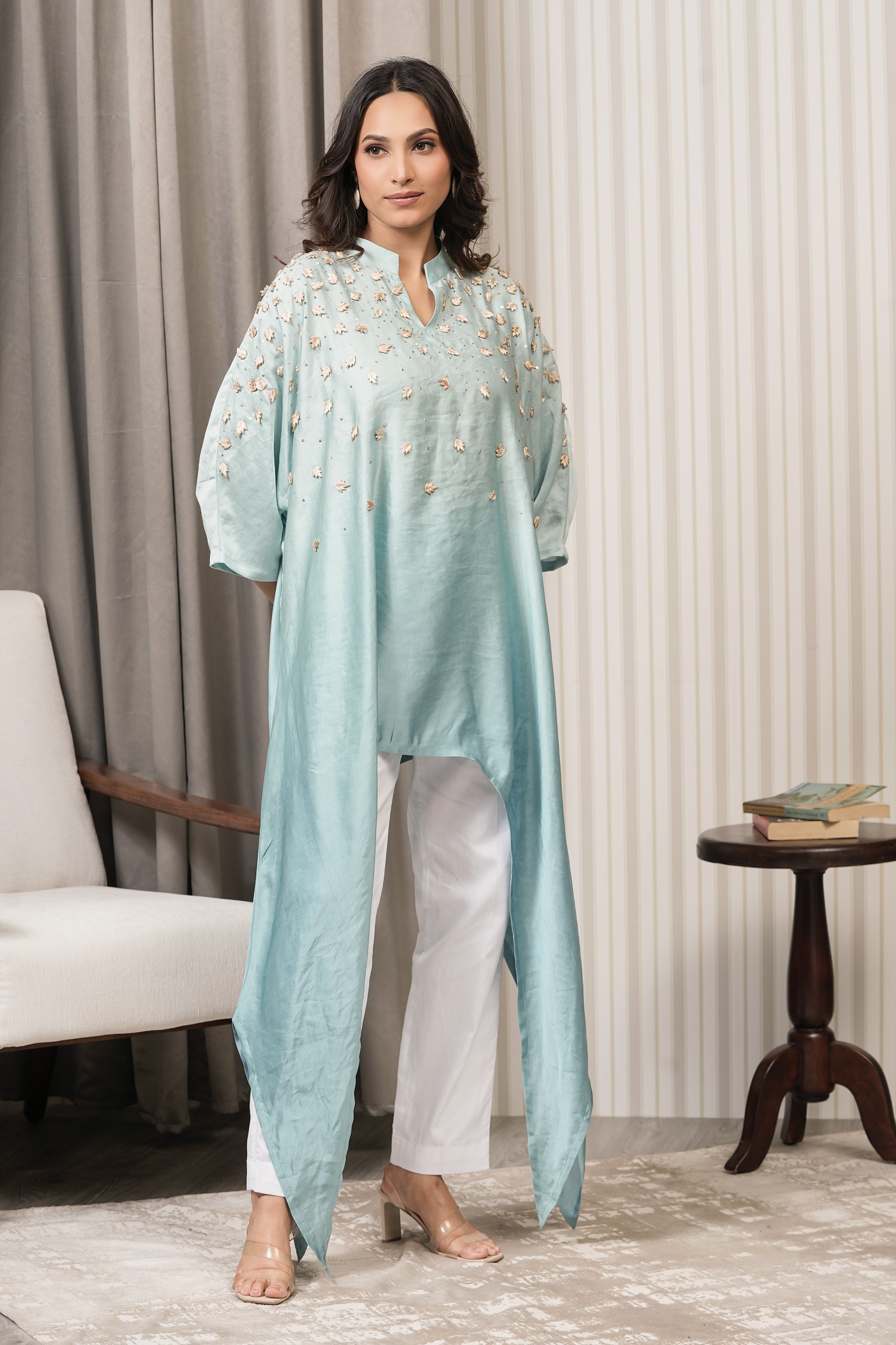 Embroidered Linen Satin Top - Aqua