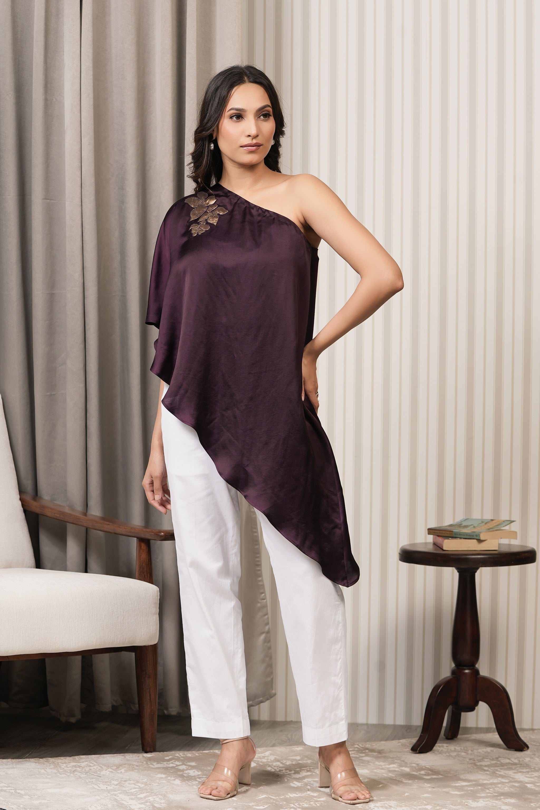 Embroidered Slub Satin One Shoulder Top - Wine