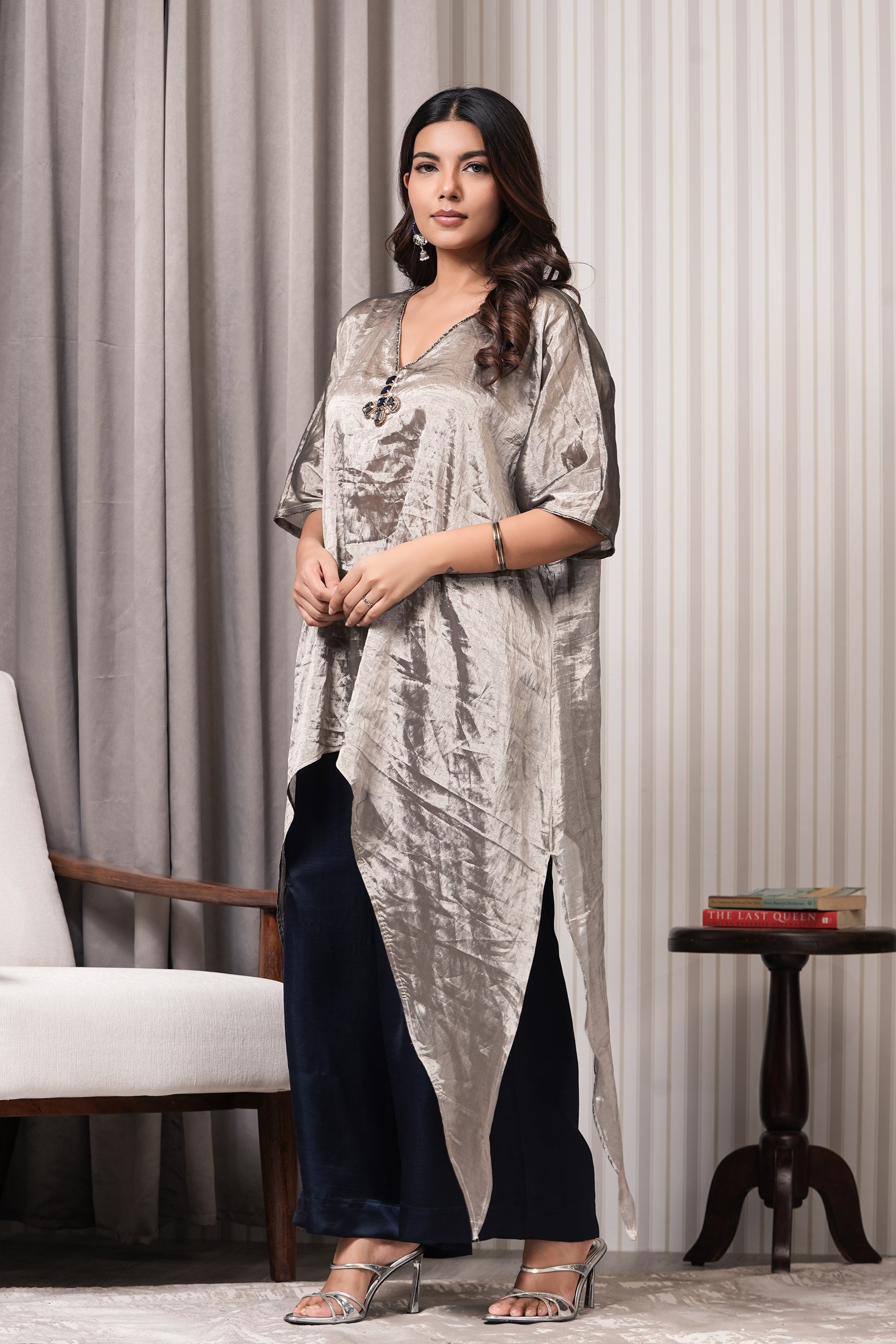 Stone Embroidered Pure Silk Tissue Asymmetric Kurta Set - Silver