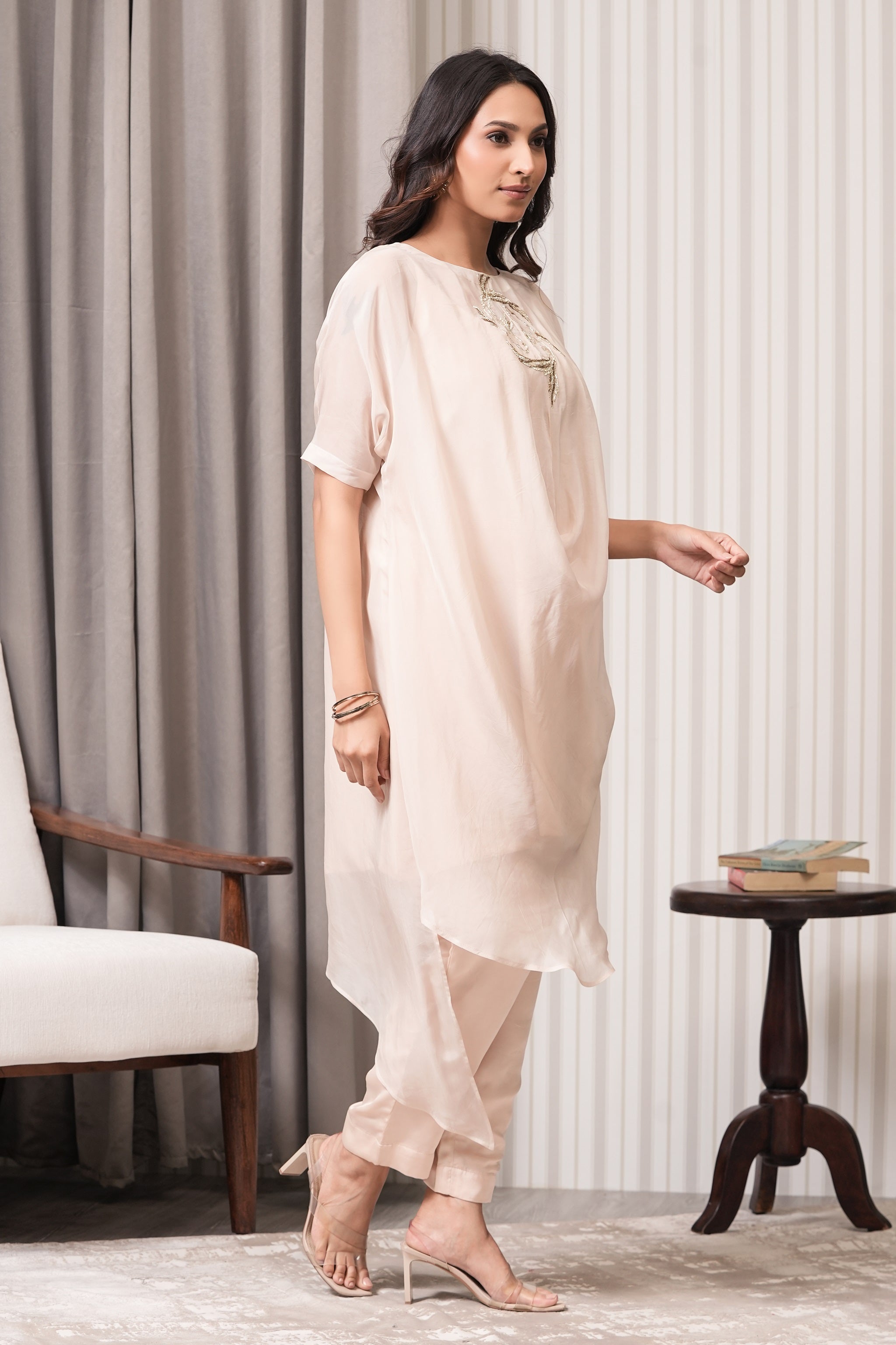 Handcrafted Viscose Organza Kurta - Nude