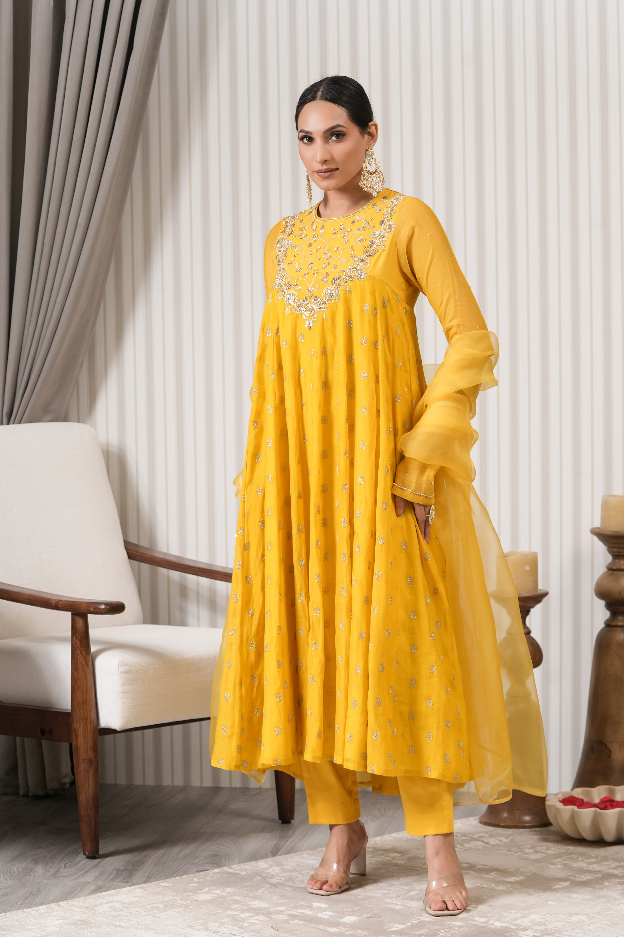 Handcrafted Pure Chanderi Anarkali Suit Set - Yellow