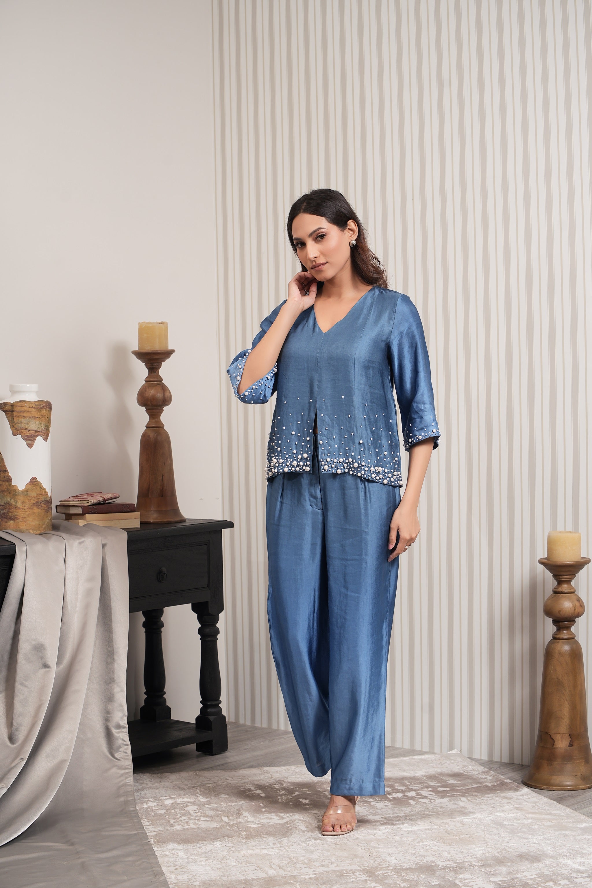 Embroidered Pearl Linen Satin Co-ord Set - Blue