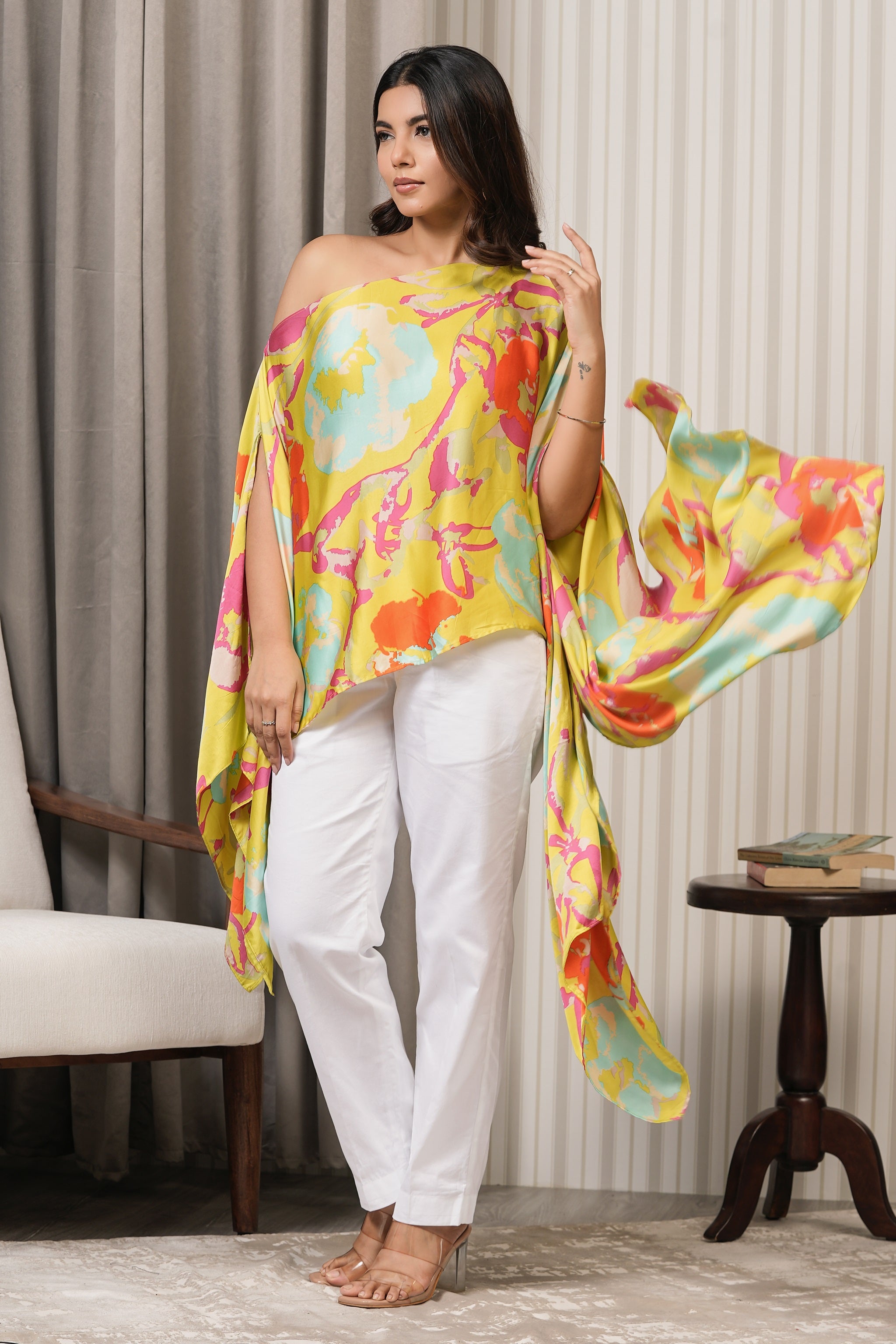 Printed Modal Satin One Shoulder Top - Multicolor