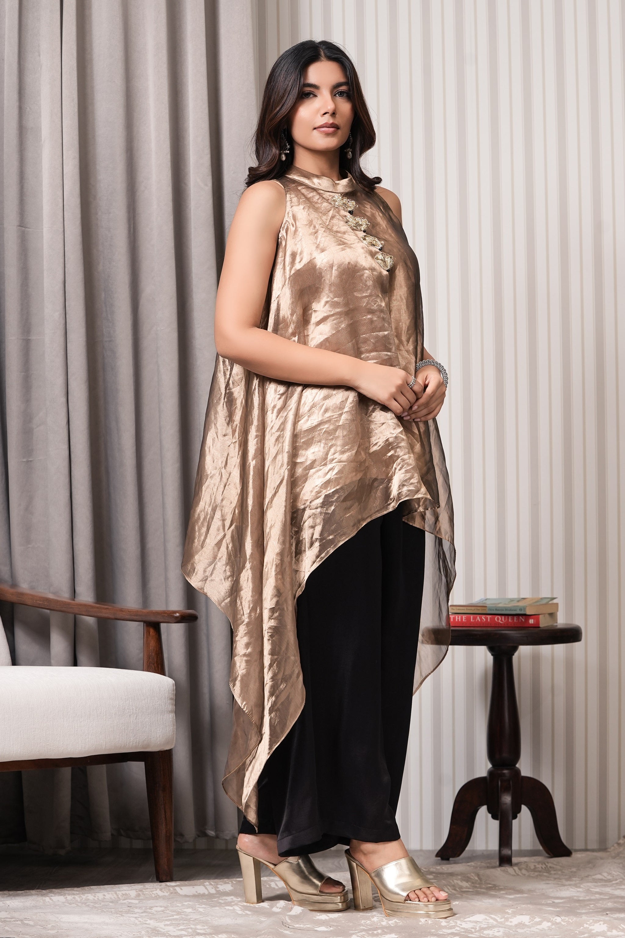 Embroidered Pure Silk Tissue Asymmetric Kurta Set - Copper