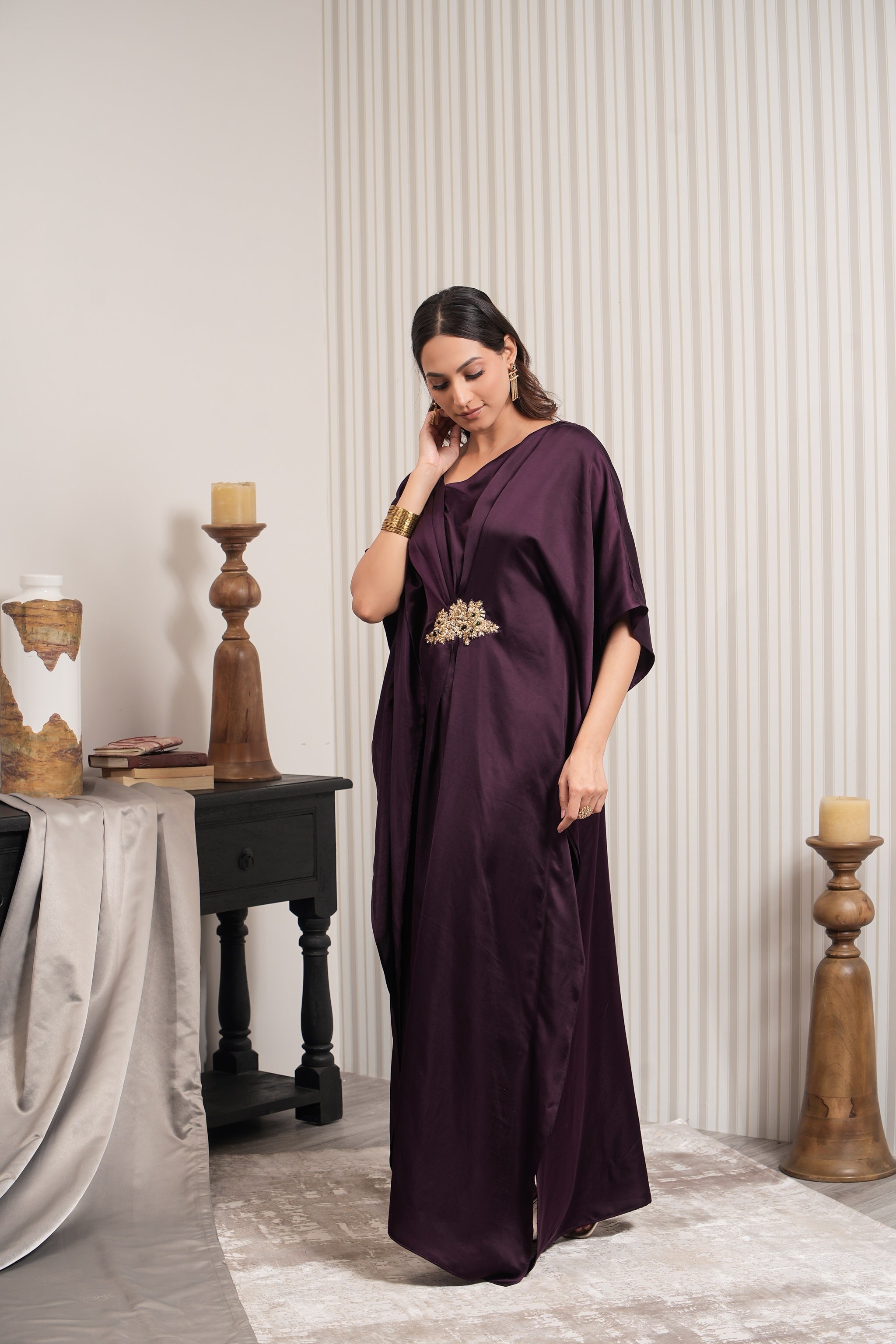 Embroidered Slub Satin Kaftan - Wine