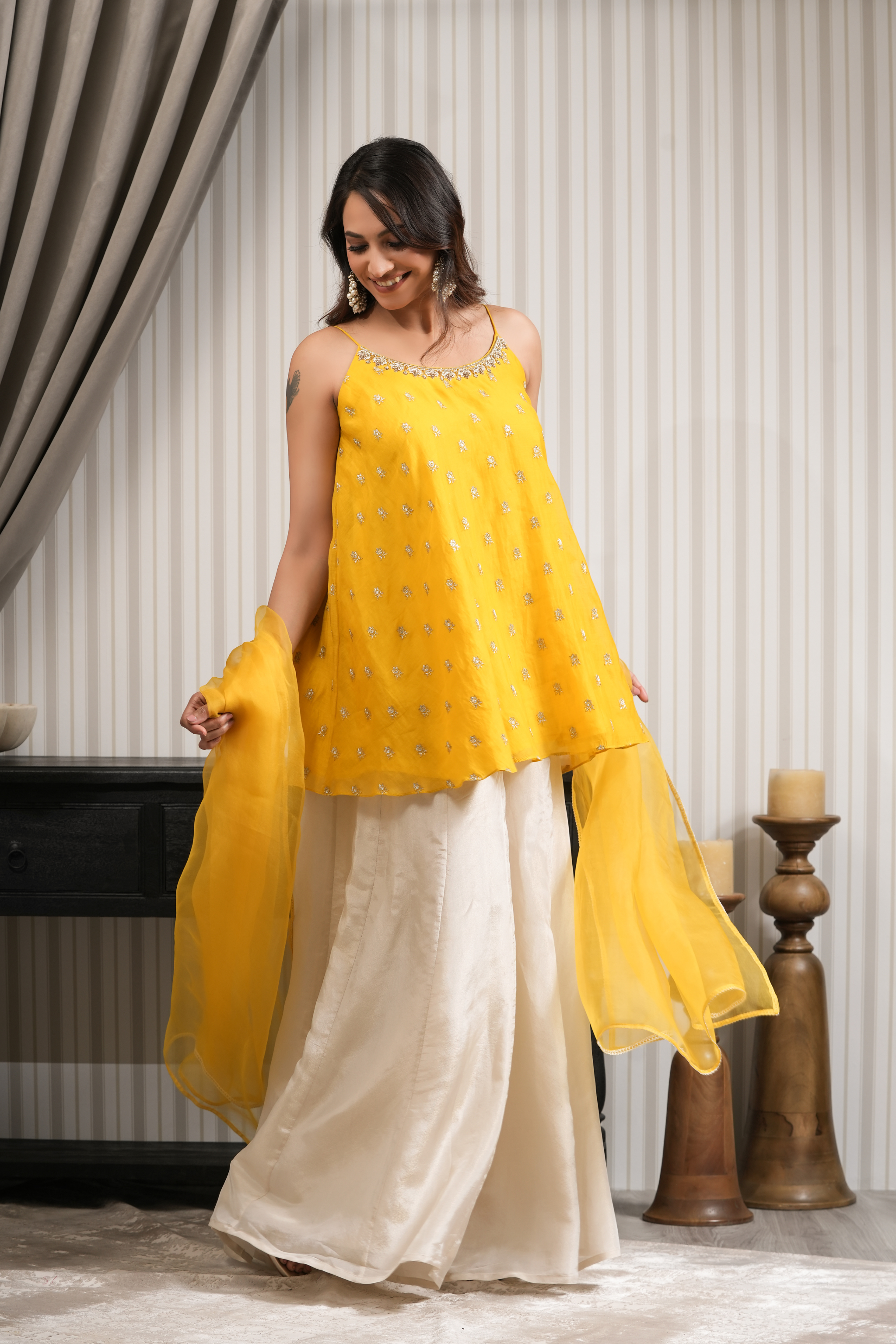 Pure Chanderi Short Kurti Sharara Set - Yellow