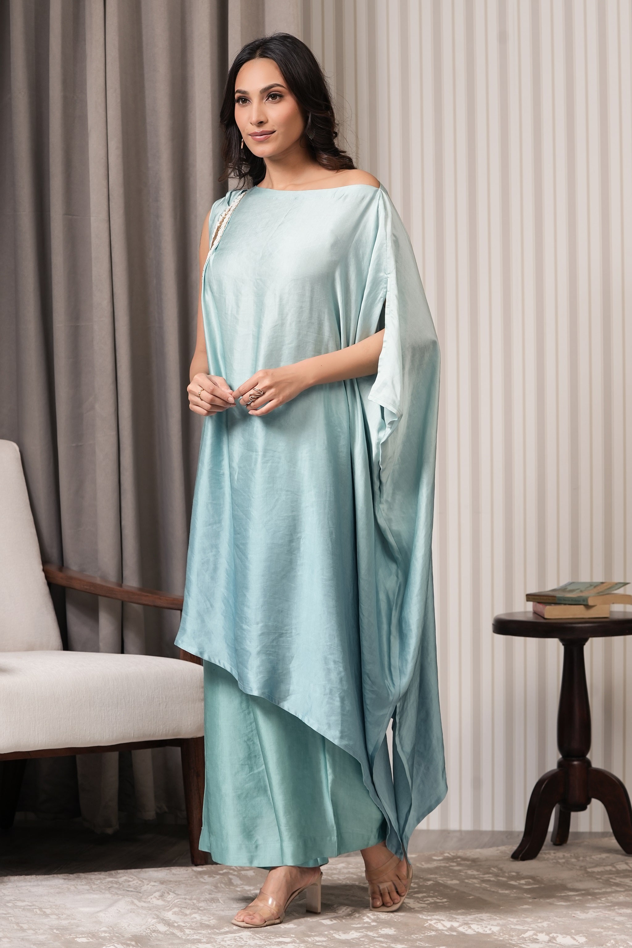 One Shoulder Asymmetric Kurta Set - Aqua