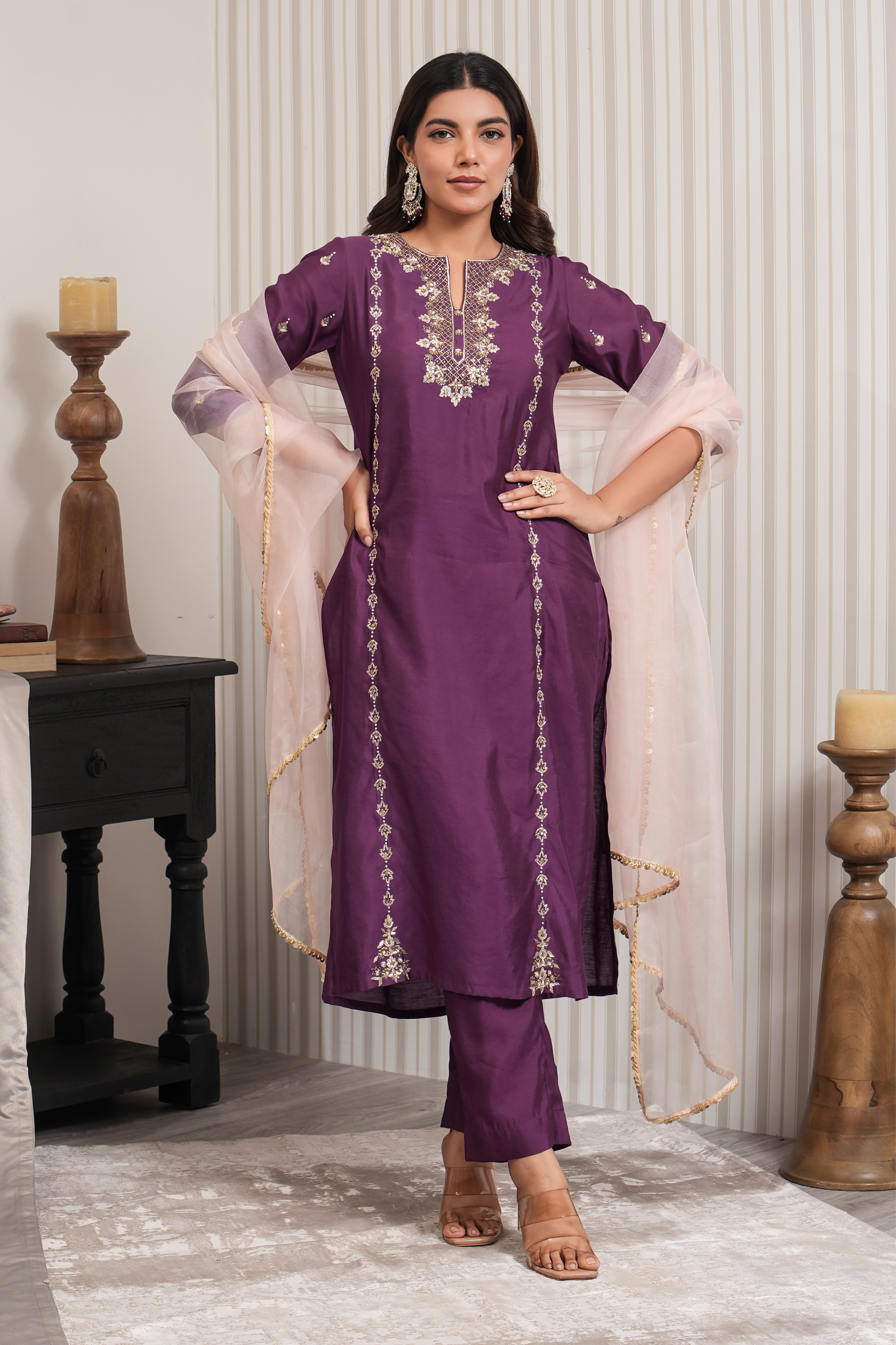 Embroidered Chaniya Silk Straight Suit Set - Purple