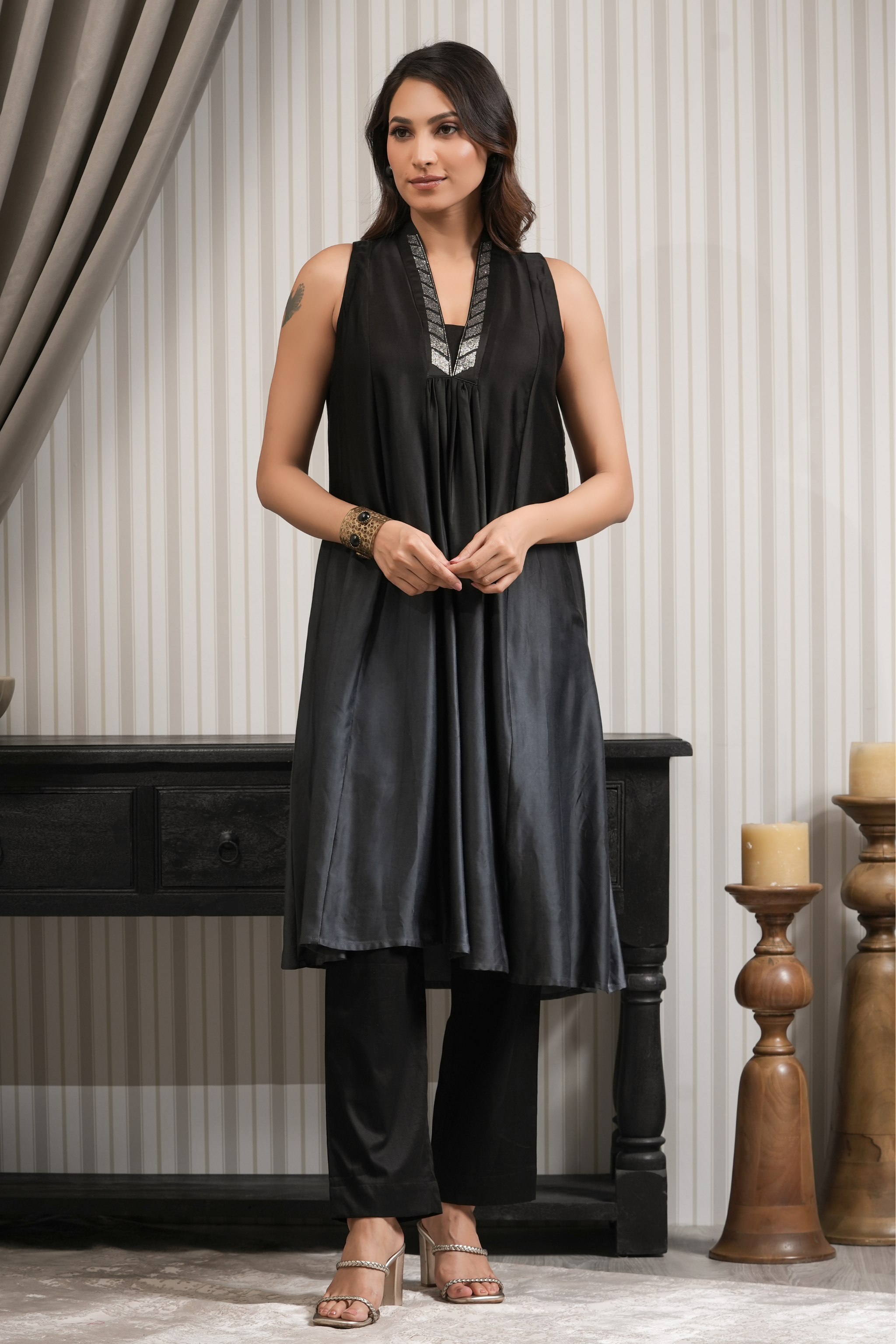 Embroidered Sleeveless A-line Kurta Set - Black