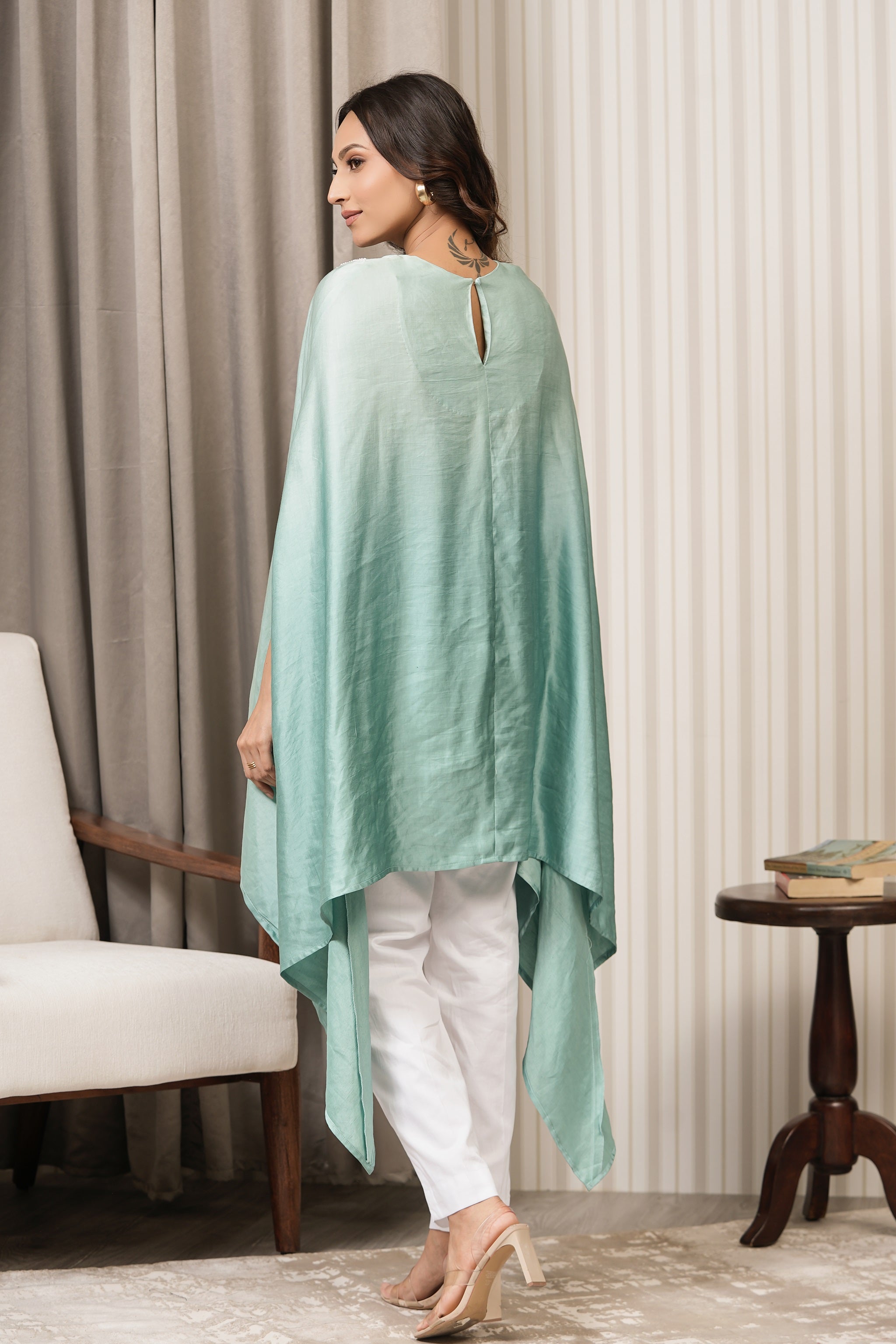 Embroidered Linen Satin Top - Sea Green