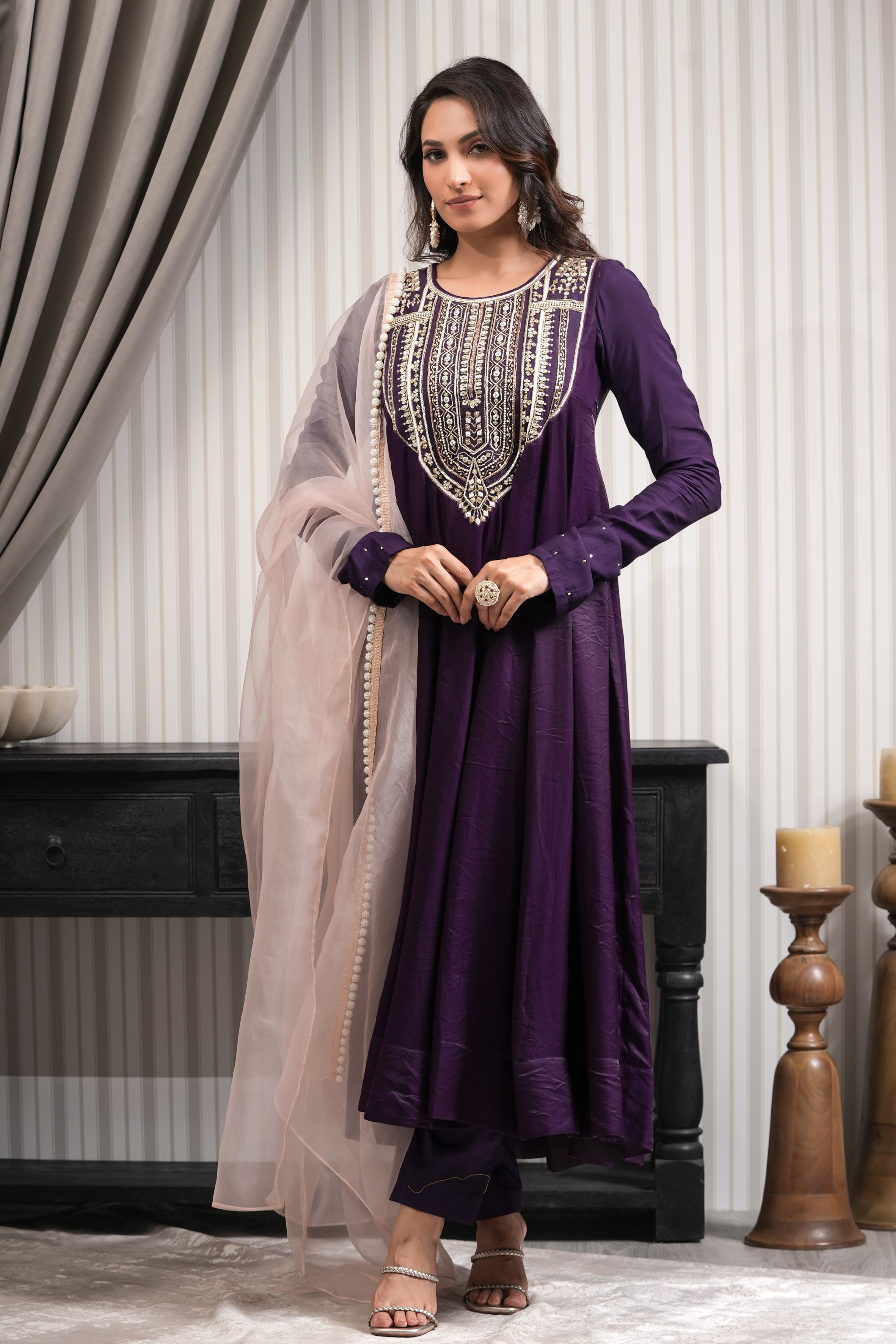 Handcrafted Chanderi Satin Anarkali Suit Set - Purple