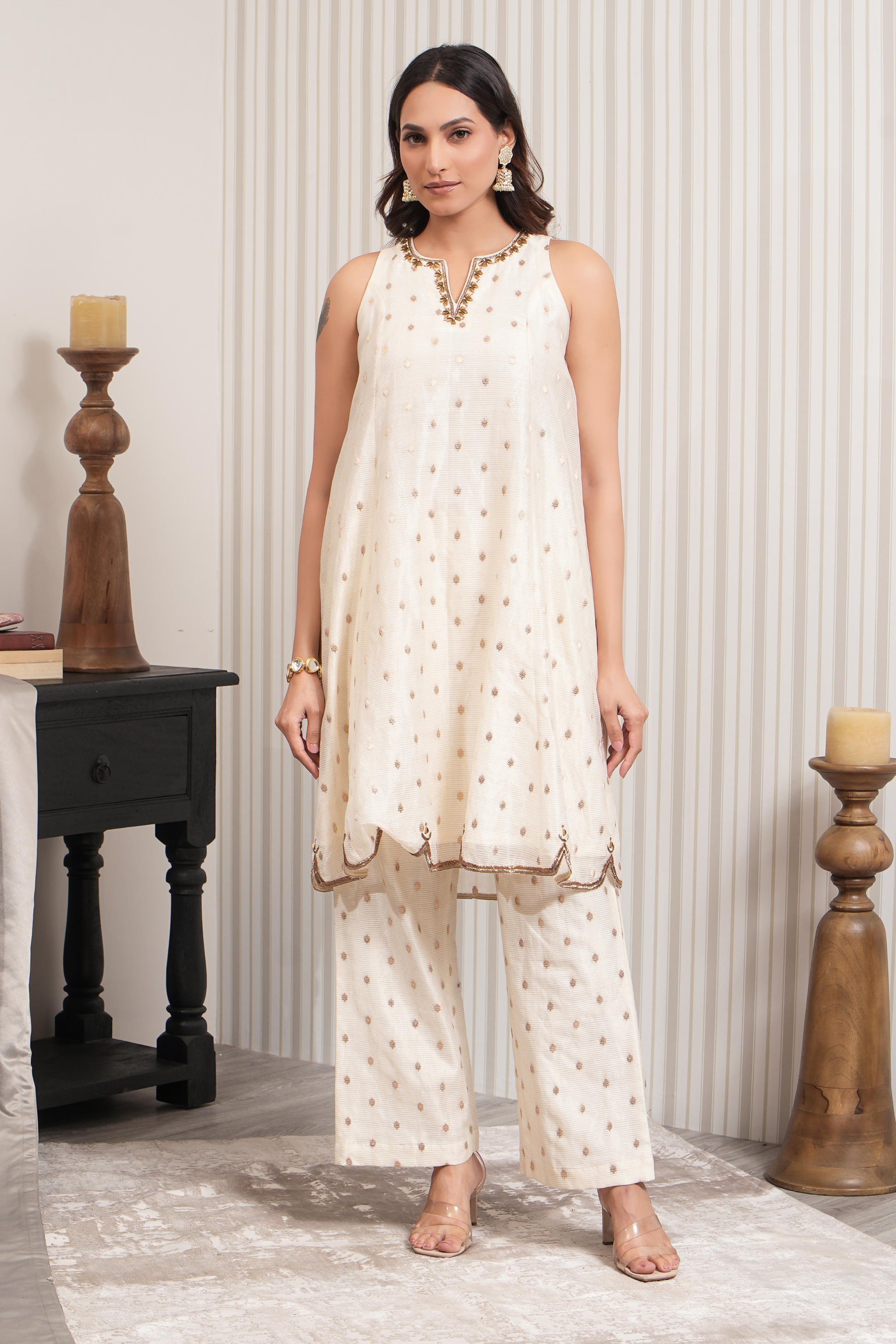 Handcrafted Pure Chanderi Booti A-line Kurta Set - Off White