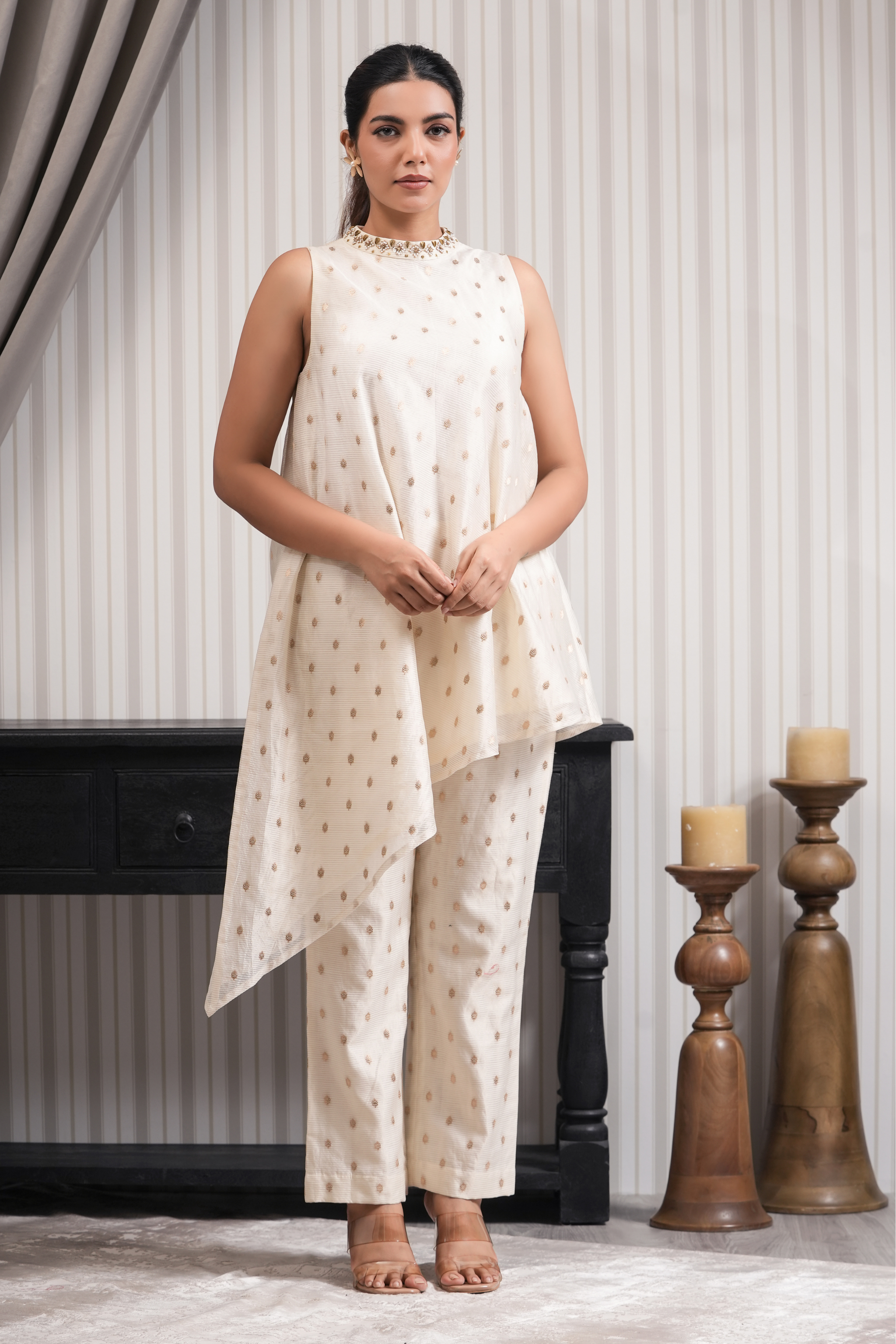 Embroidered Floral Pure Chanderi Booti Asymmetric Kurta Set - Off White