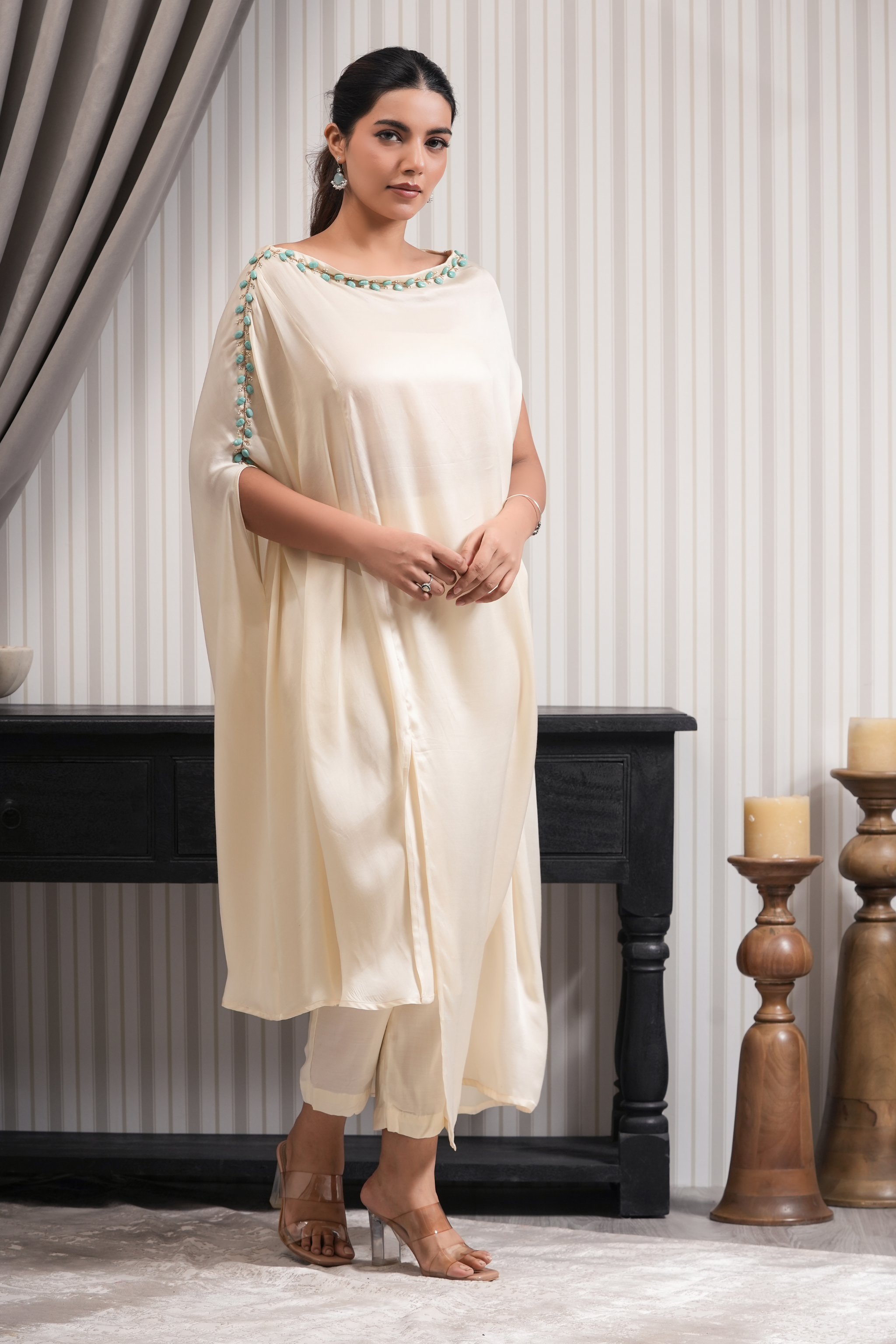 Stone Embroidered Muslin Kurta Set - Off White