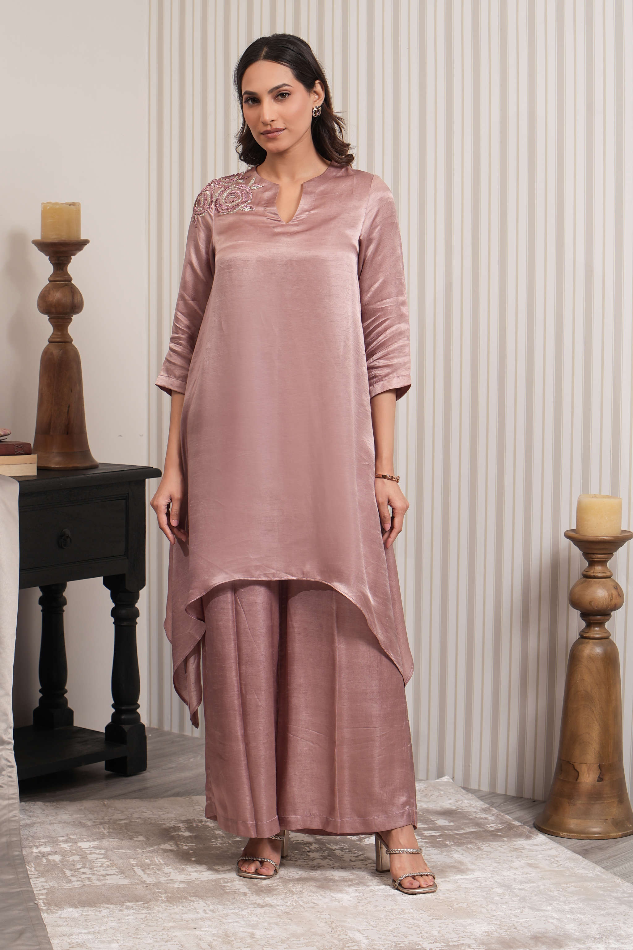 Embroidered Asymmetric Kurta Set - Onion Pink