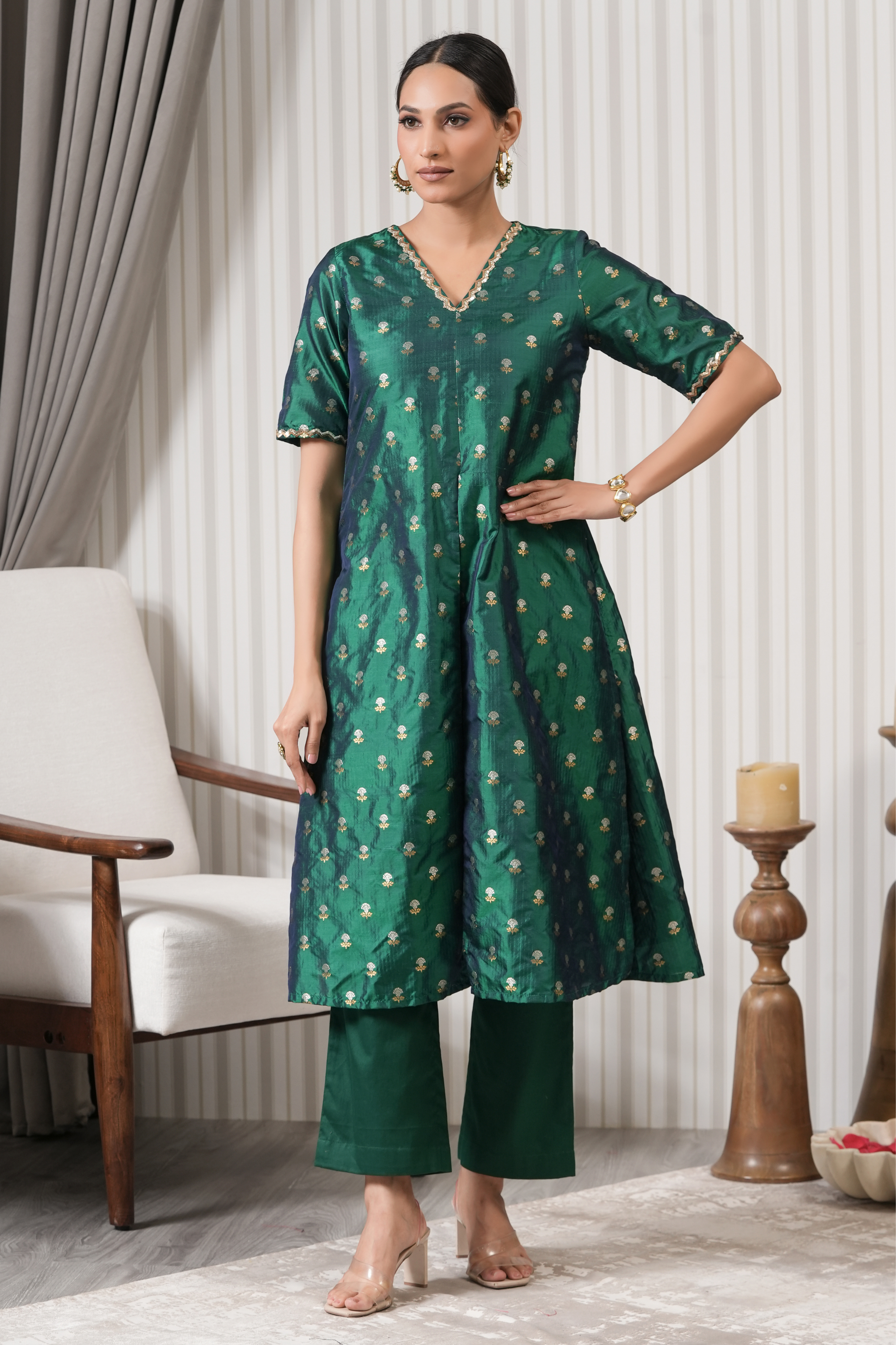 Embroidered Pure Brocade Printed A-line Kurta Set - Green