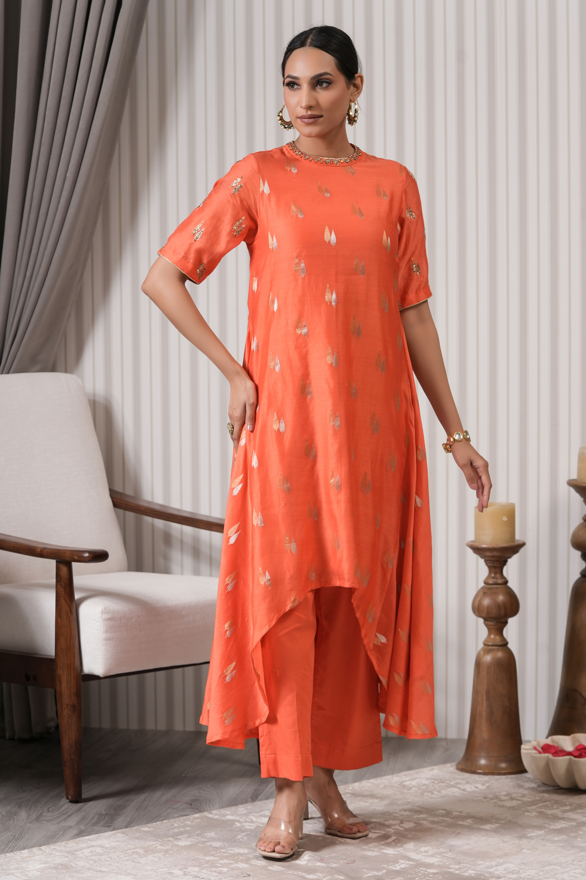 Embroidered Pure Chanderi Floral Booti Asymmetric Kurta Set - Orange