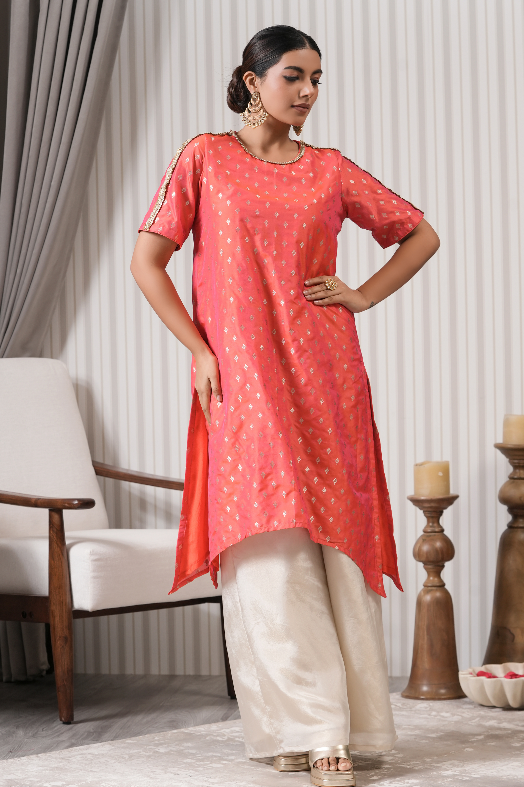 Embroidered Pure Brocade Printed Asymmetric Kurta Set - Pink