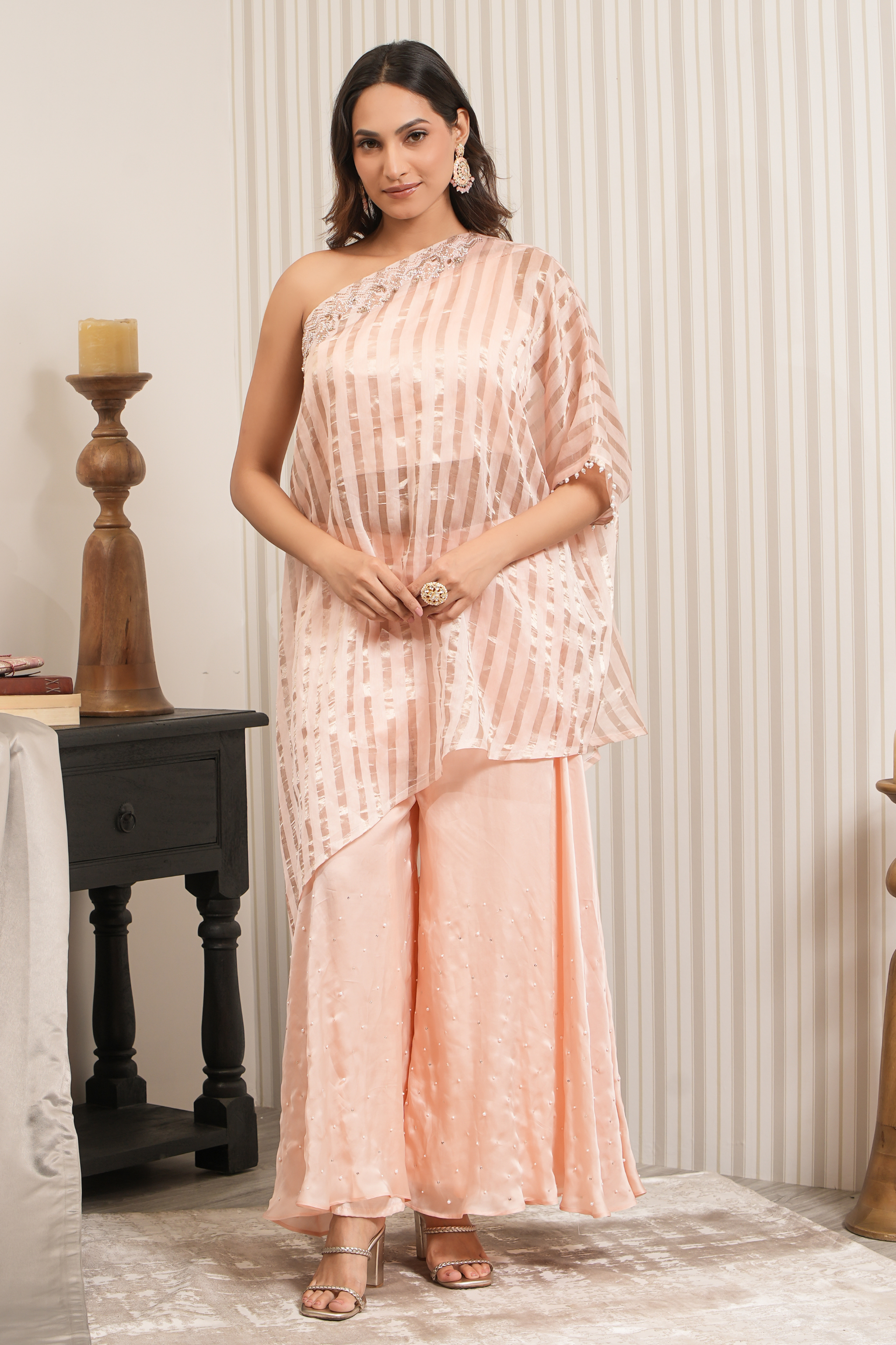 Embroidered Chanderi Silk One Shoulder Sharara Set - Peach