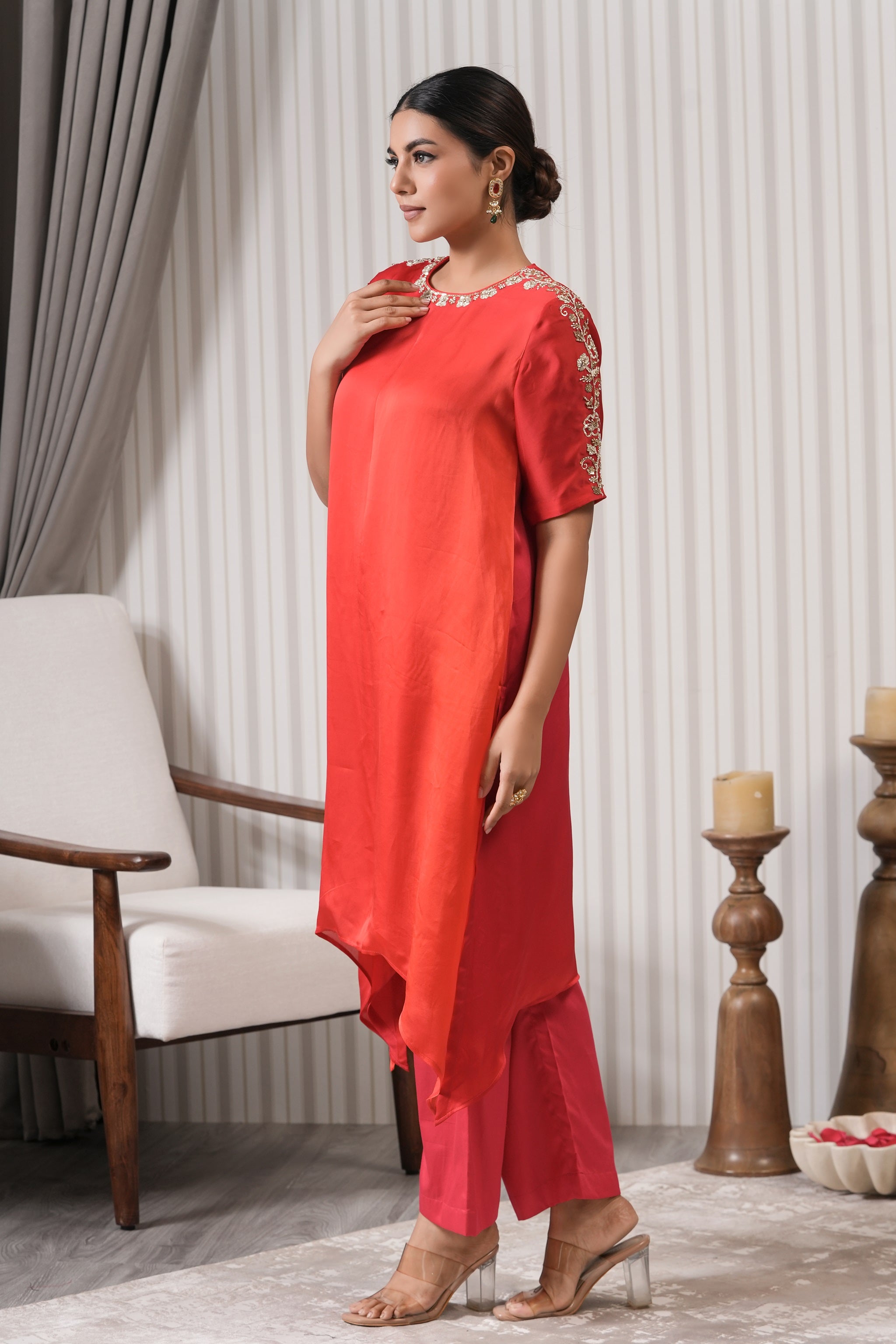 Embroidered Asymmetric Kurta Set - Pink