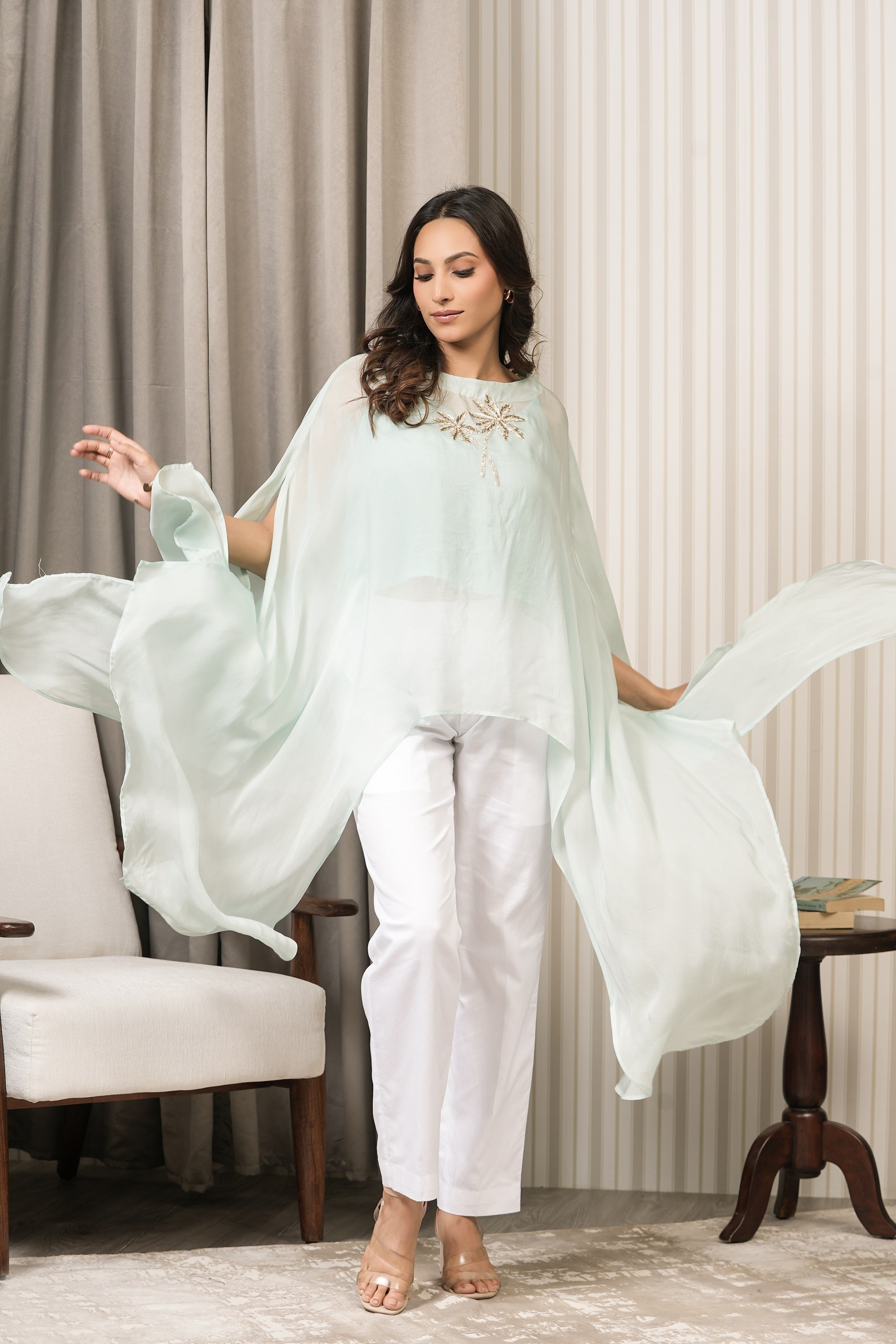 Handcrafted Viscose Organza Cape Kurta - Mint