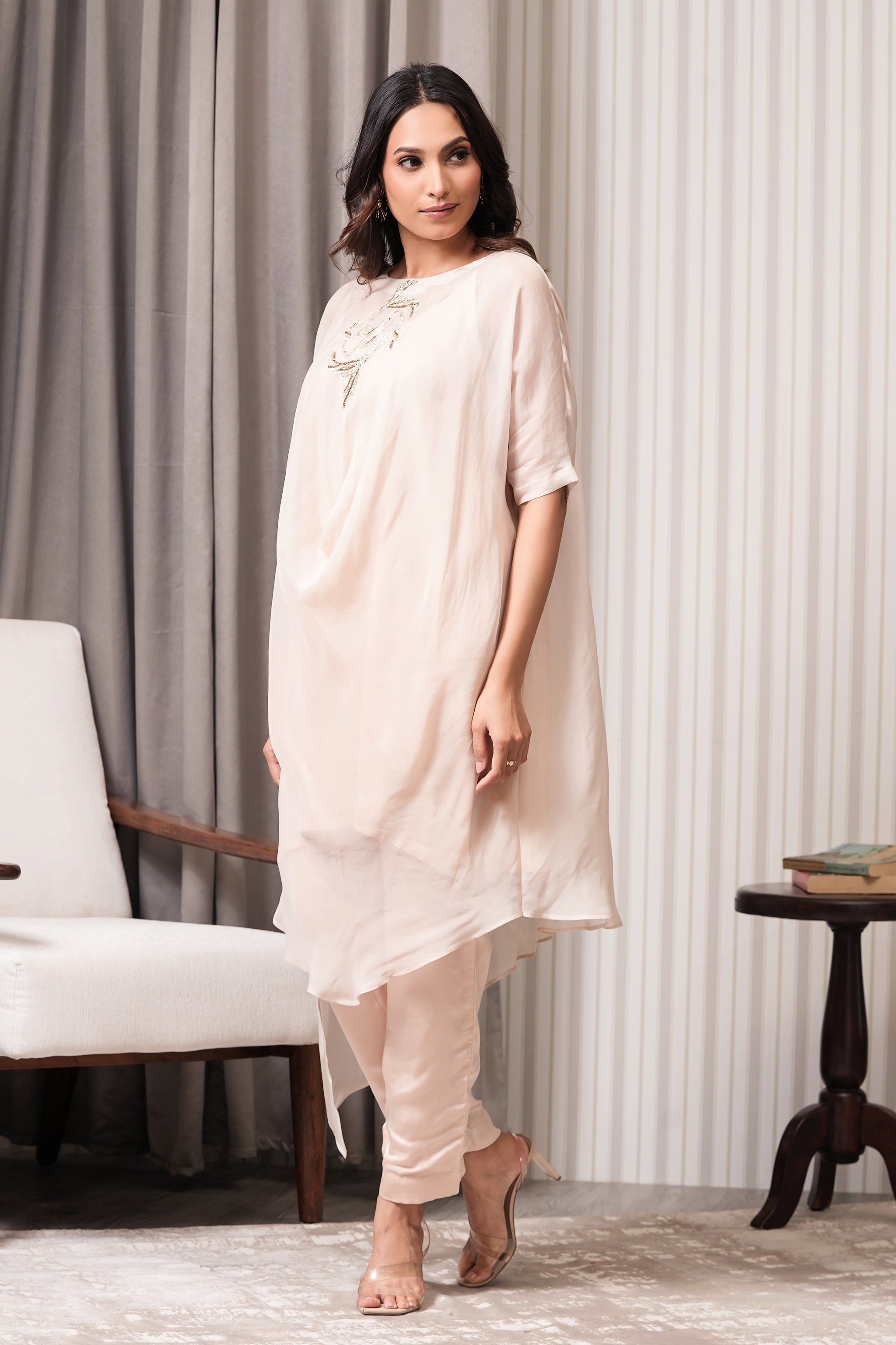 Handcrafted Viscose Organza Kurta - Nude